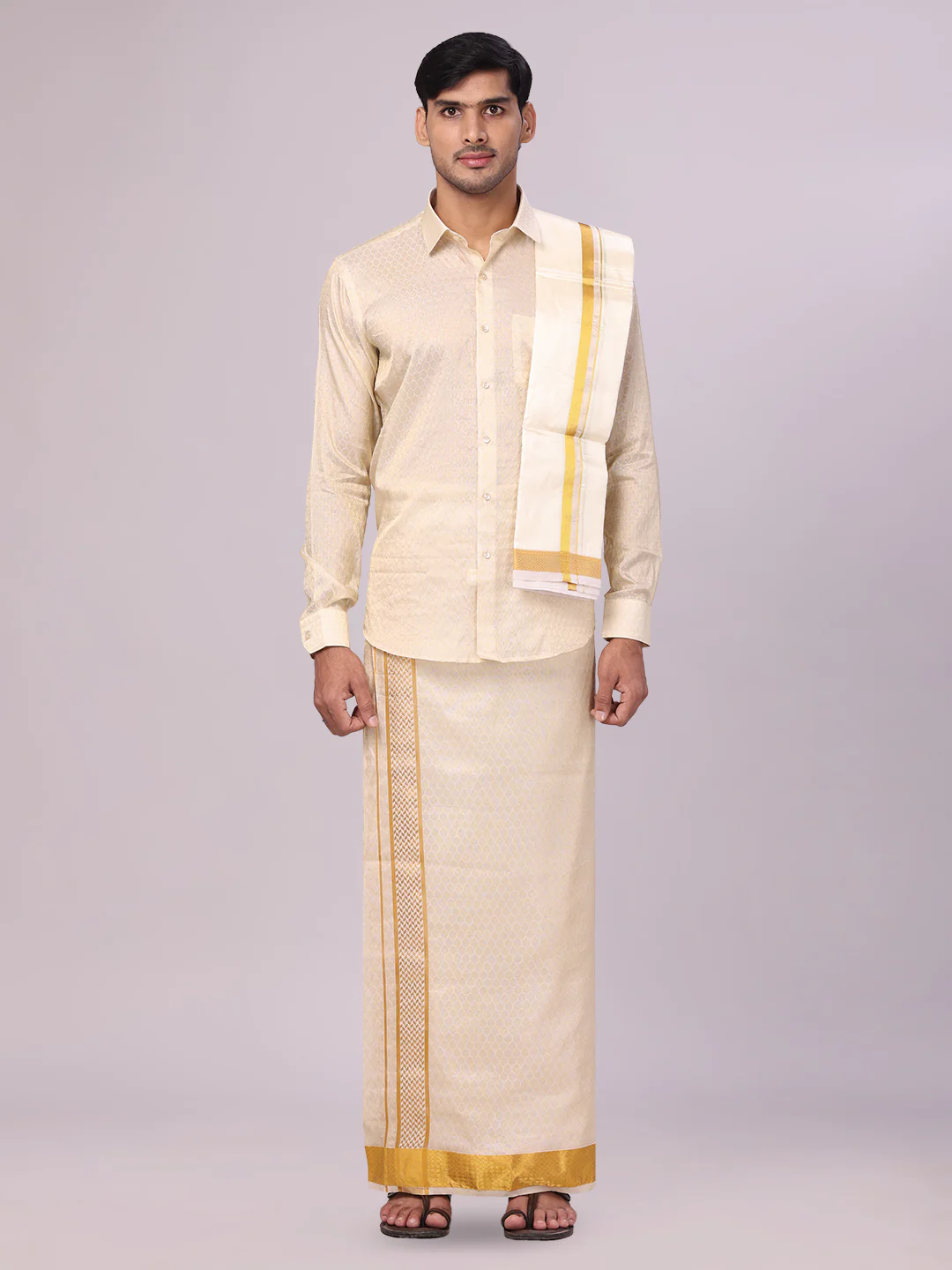 Mens Art Silk Gold Jacquard Full Sleeves Shirt with 2 1/2" Jari Border & Towel Dhoti Combo Spruce