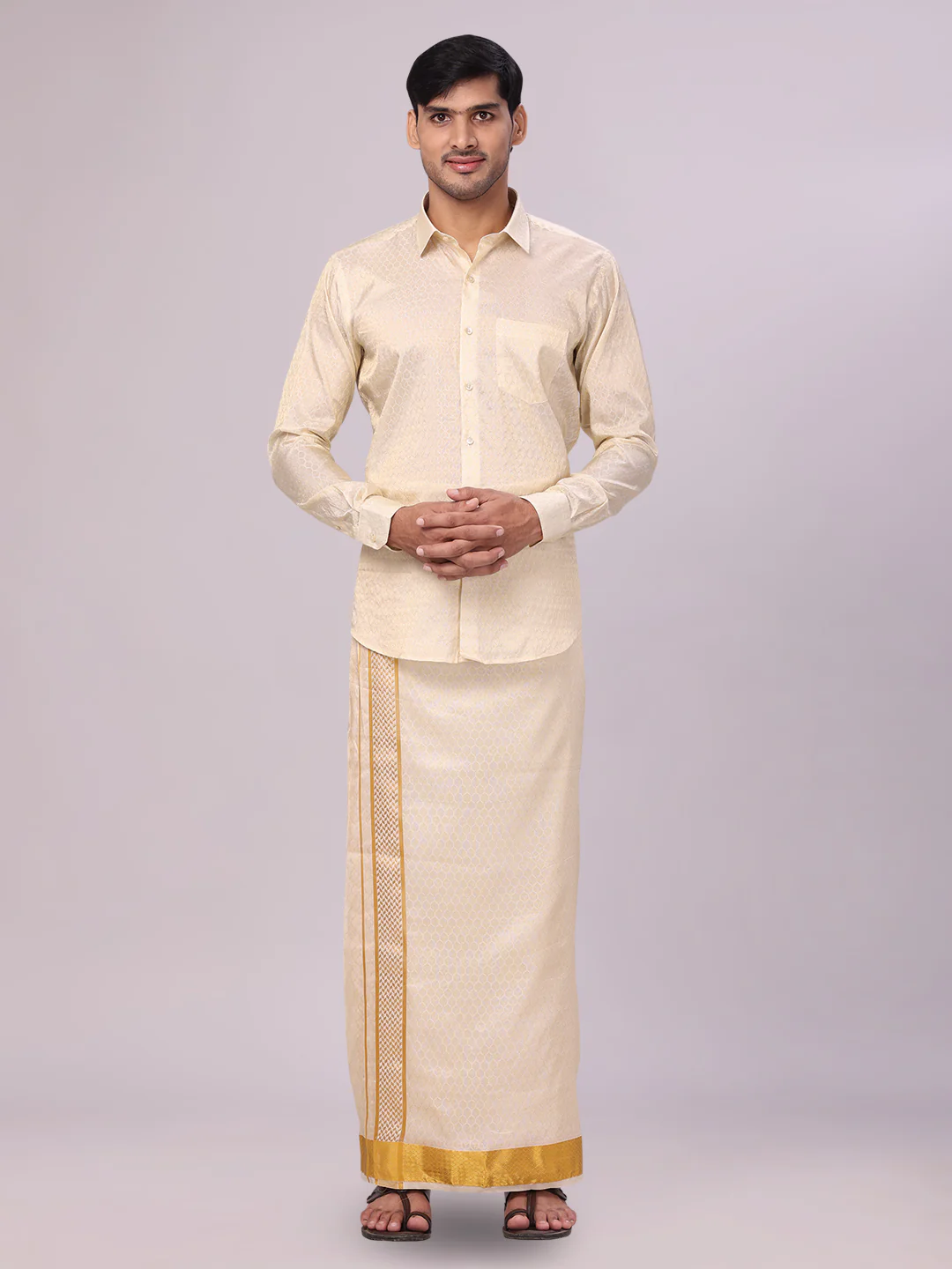 Mens Art Silk Gold Jacquard Full Sleeves Shirt with 2 1/2" Jari Border & Towel Dhoti Combo Spruce - Image 2