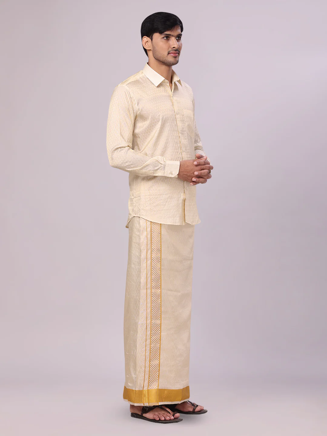 Mens Art Silk Gold Jacquard Full Sleeves Shirt with 2 1/2" Jari Border & Towel Dhoti Combo Spruce - Image 3