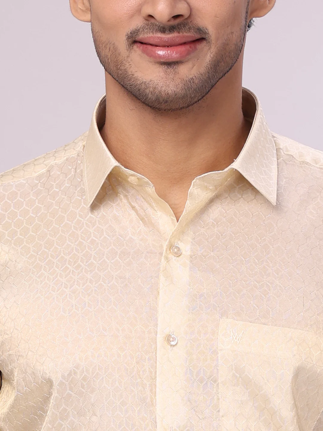 Mens Art Silk Gold Jacquard Full Sleeves Shirt with 2 1/2" Jari Border & Towel Dhoti Combo Spruce - Image 6