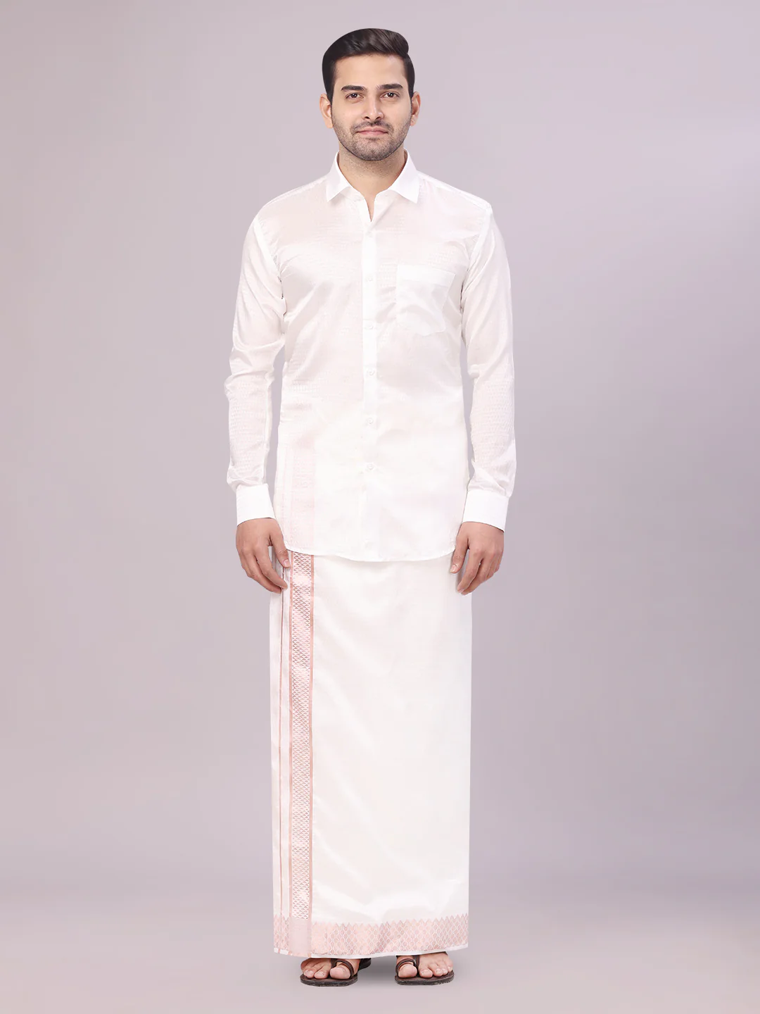 Mens Art Silk Half White Full Sleeves Shirt with 2 1/2" Copper Jari Border Dhoti Combo Nautica