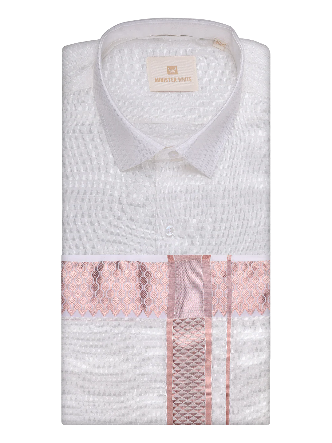 Mens Art Silk Half White Full Sleeves Shirt with 2 1/2" Copper Jari Border Dhoti Combo Nautica - Image 7