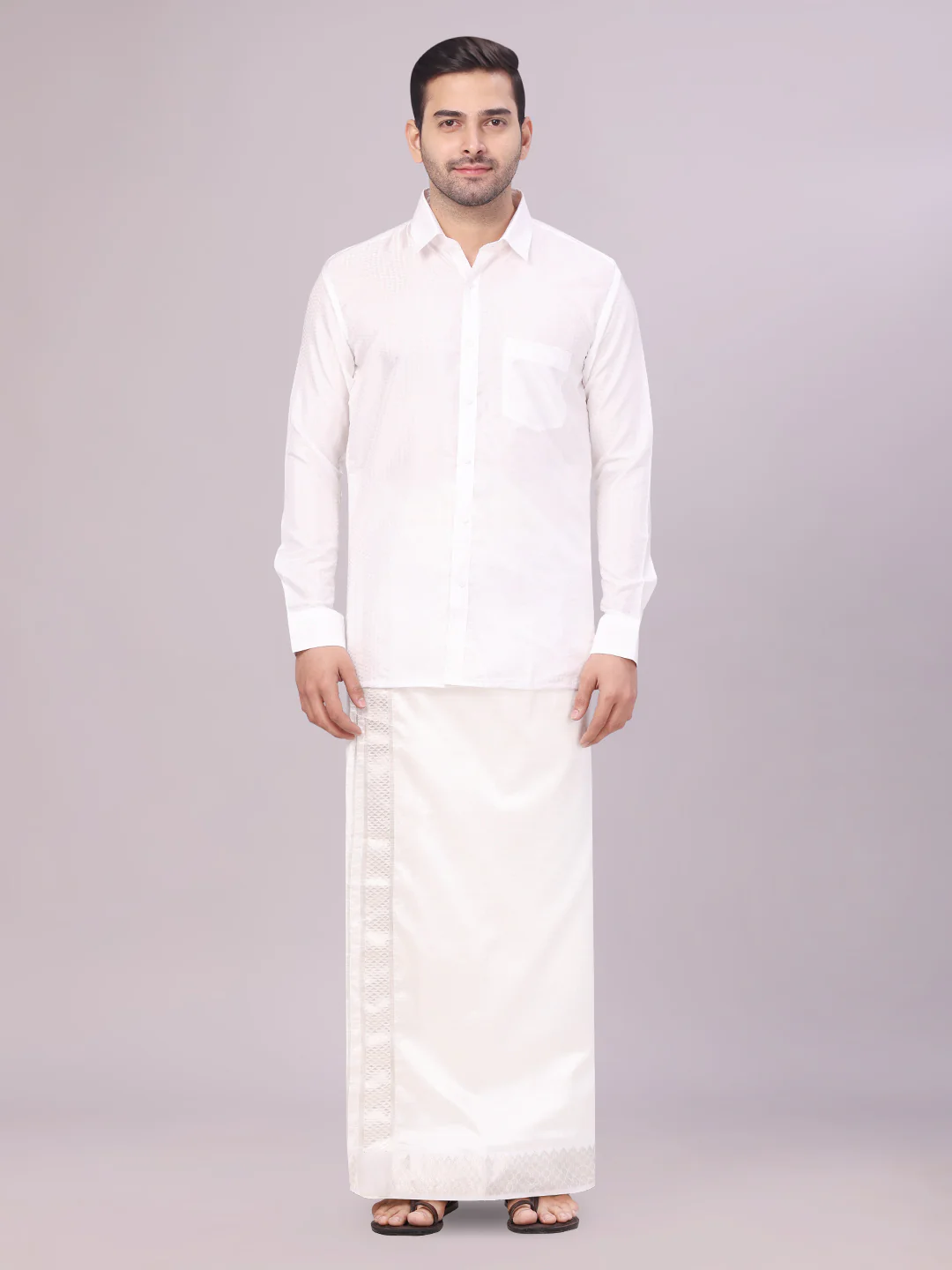 Men's Art Silk Off White Full Sleeves Shirt with 2 1/2" Jari Border Dhoti Combo Nautica