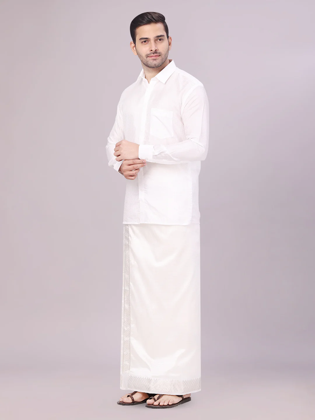 Men's Art Silk Off White Full Sleeves Shirt with 2 1/2" Jari Border Dhoti Combo Nautica - Image 2