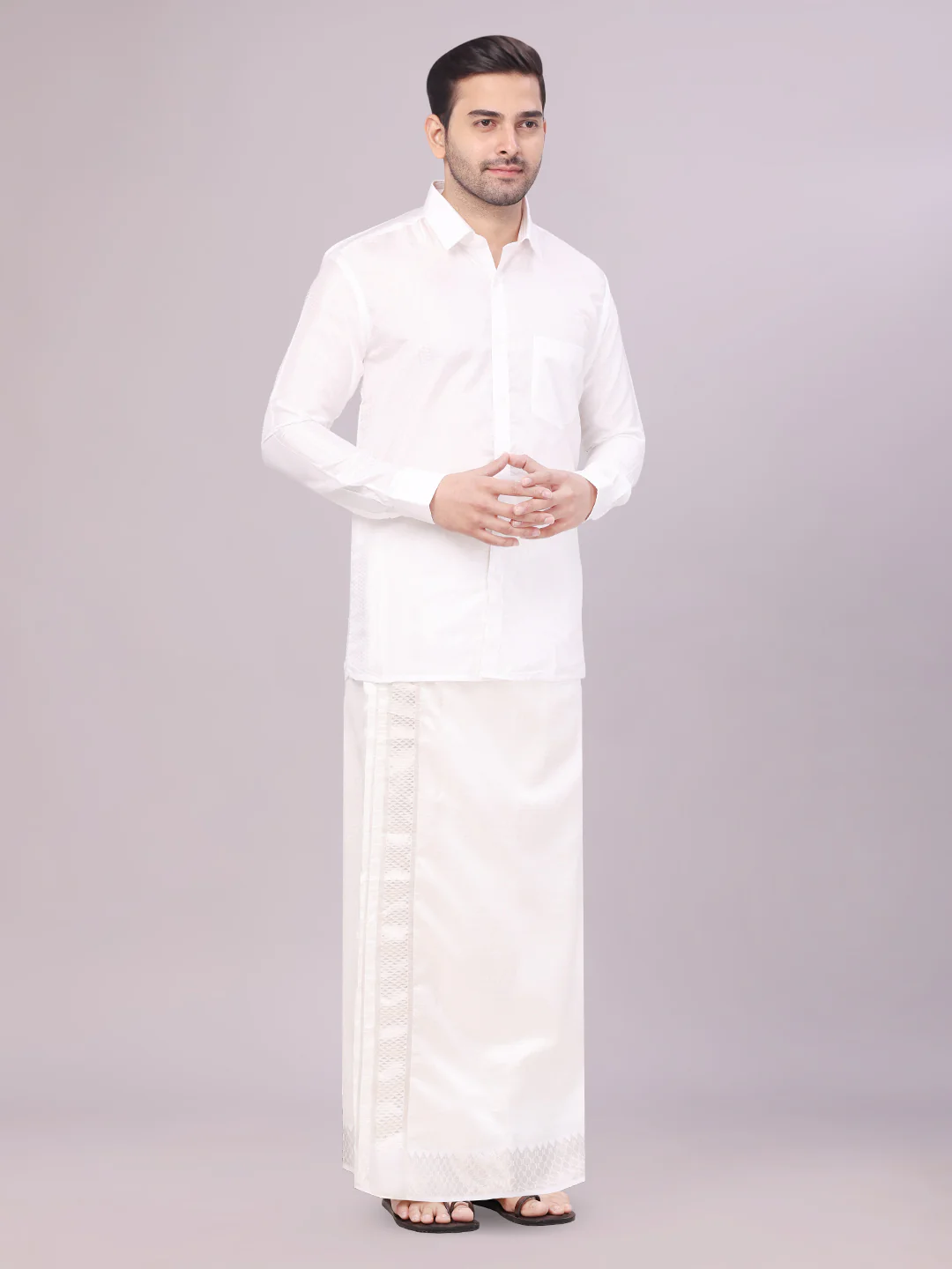 Men's Art Silk Off White Full Sleeves Shirt with 2 1/2" Jari Border Dhoti Combo Nautica - Image 3
