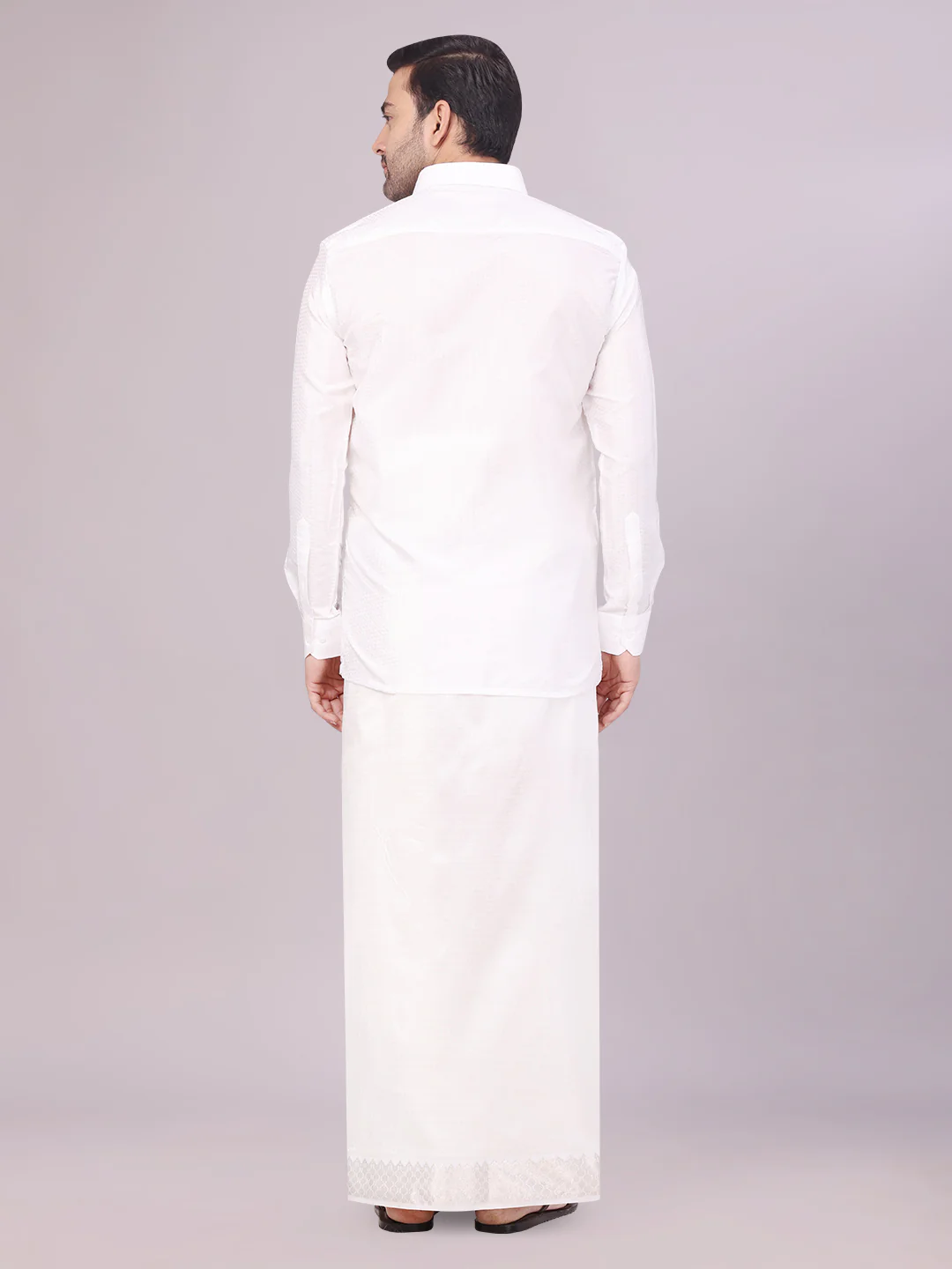 Men's Art Silk Off White Full Sleeves Shirt with 2 1/2" Jari Border Dhoti Combo Nautica - Image 4