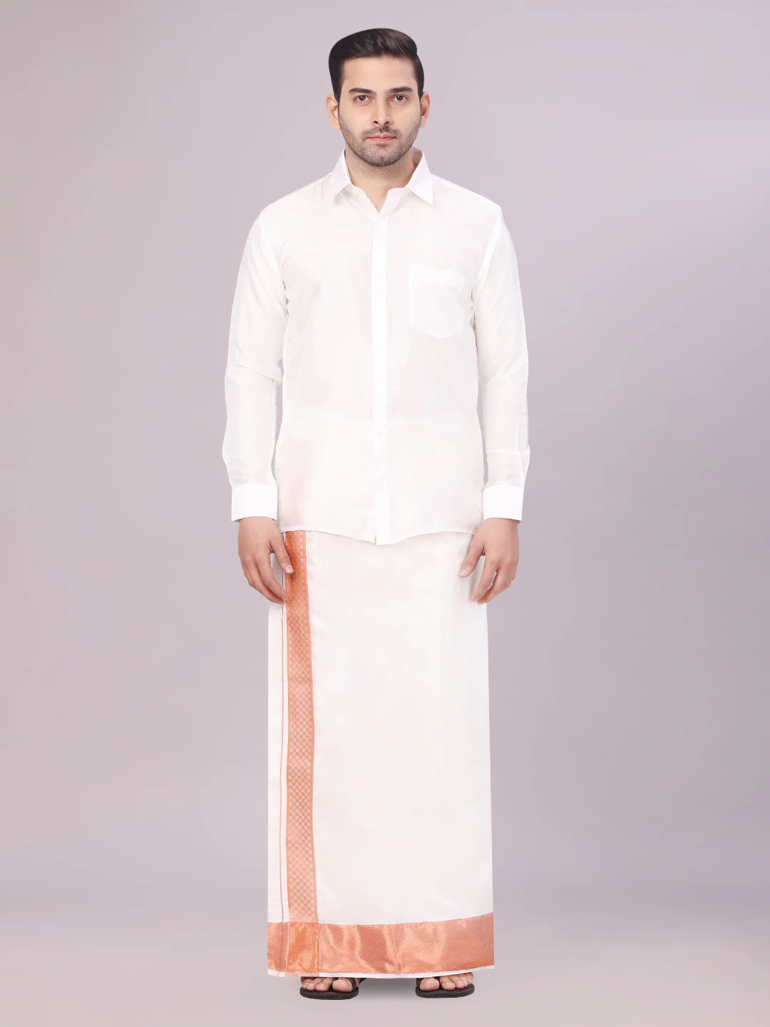 Mens Art Silk Half White Full Sleeves Shirt with 4" Copper Jari Border Dhoti Combo Nautica