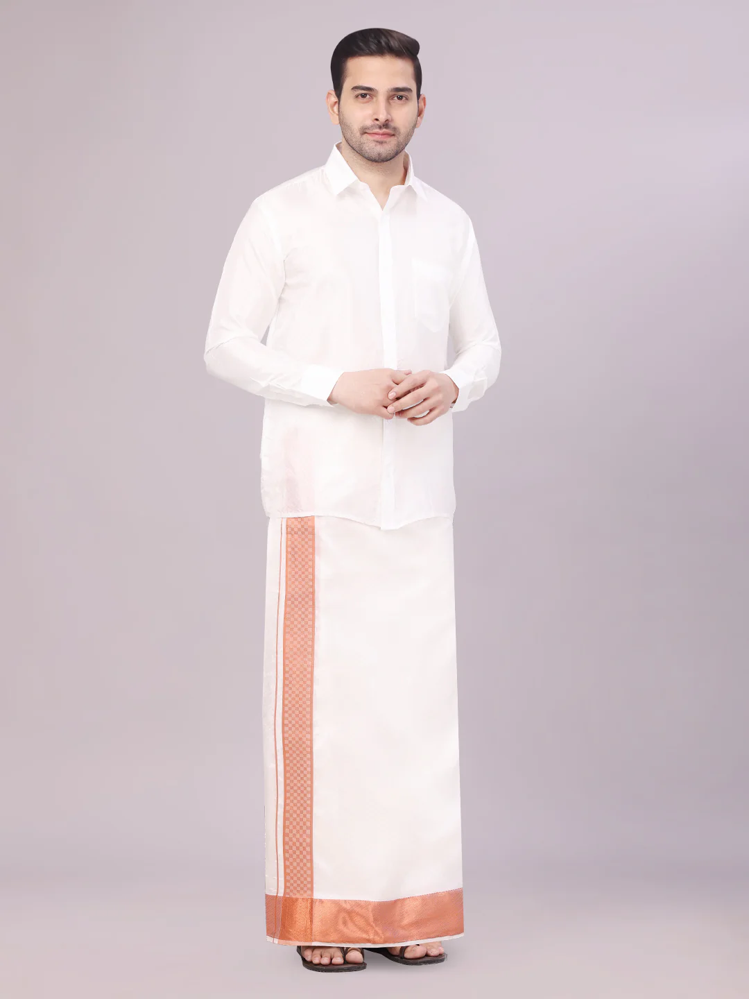 Mens Art Silk Half White Full Sleeves Shirt with 4" Copper Jari Border Dhoti Combo Nautica - Image 2