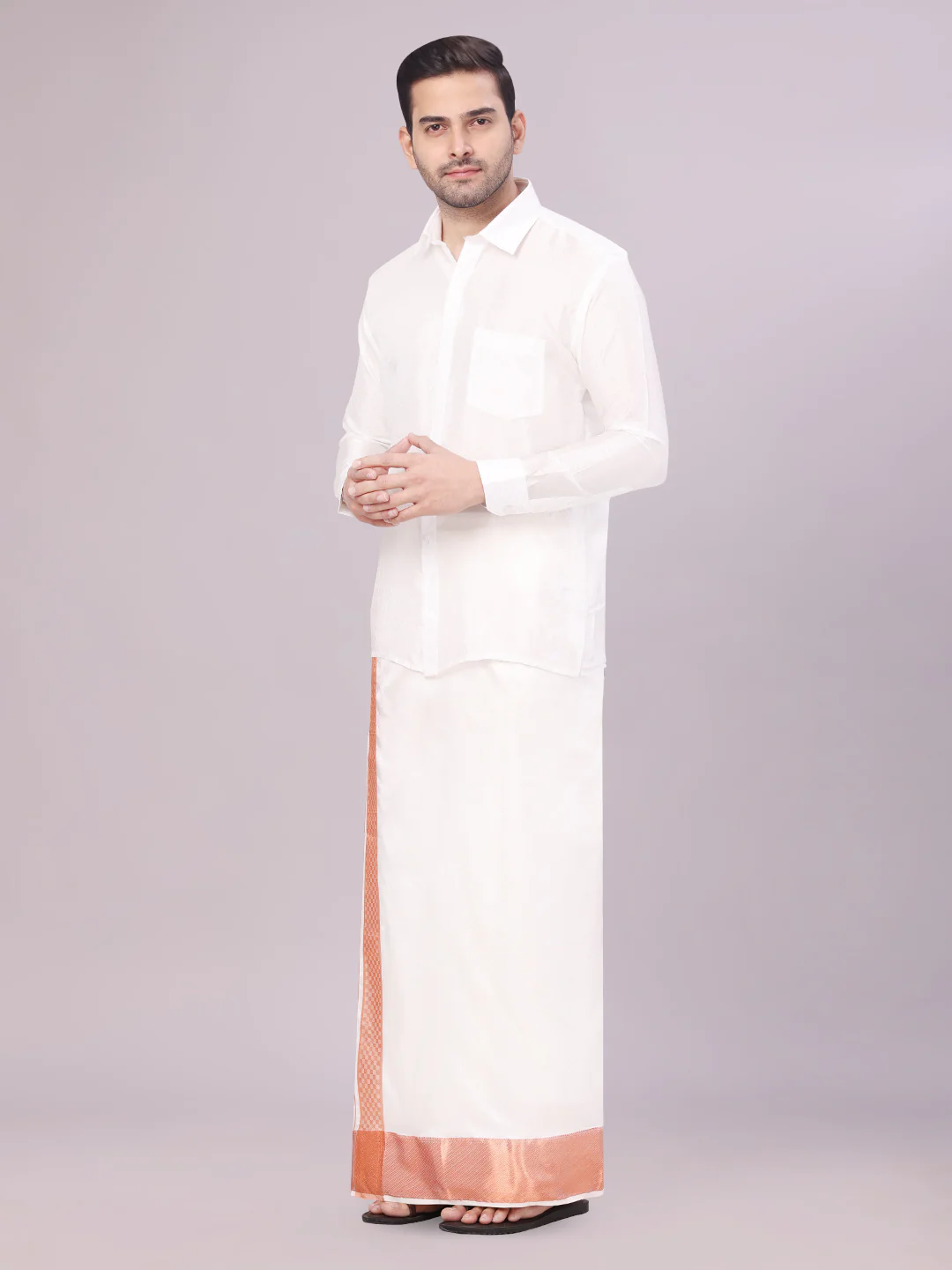 Mens Art Silk Half White Full Sleeves Shirt with 4" Copper Jari Border Dhoti Combo Nautica - Image 3