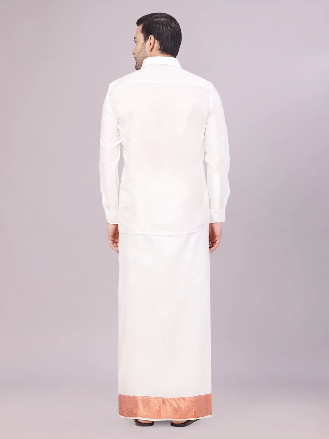Mens Art Silk Half White Full Sleeves Shirt with 4" Copper Jari Border Dhoti Combo Nautica - Image 4