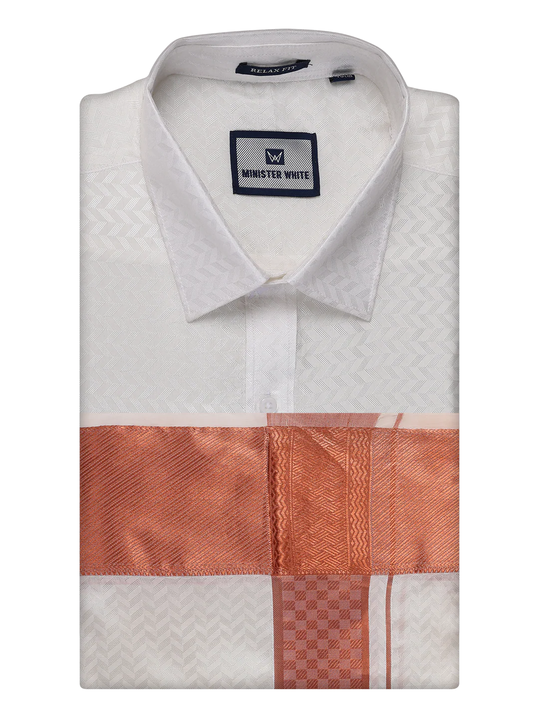 Mens Art Silk Half White Full Sleeves Shirt with 4" Copper Jari Border Dhoti Combo Nautica - Image 7