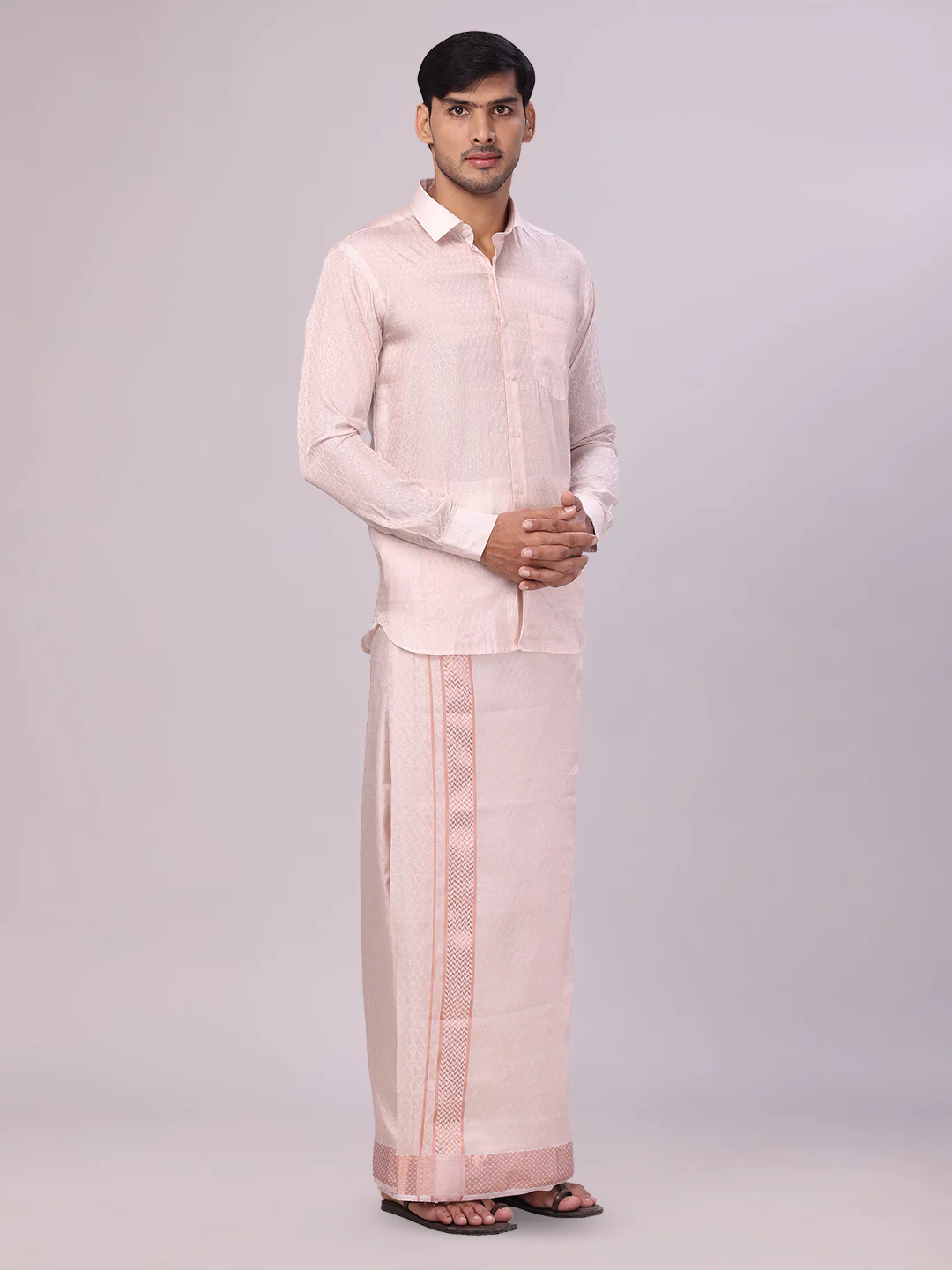 Men's Art Silk Light Copper Jacquard Full Sleeves Shirt with 2 1/2" Jari Border & Towel Dhoti Combo Spruce - Image 3