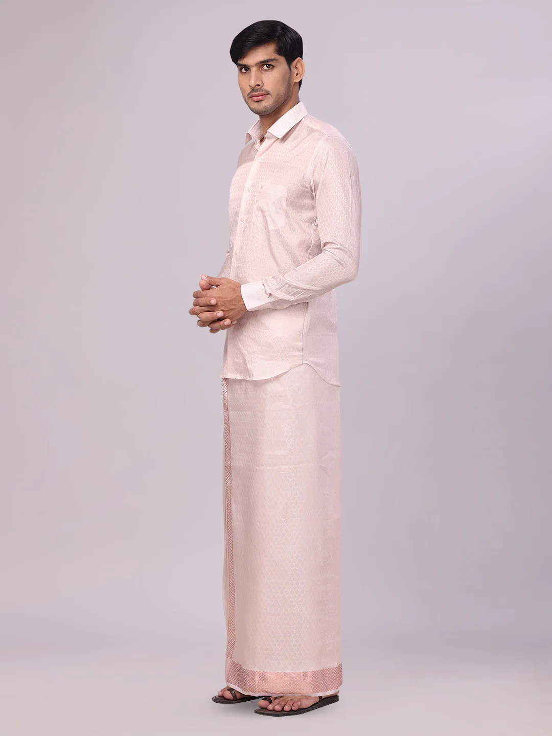 Men's Art Silk Light Copper Jacquard Full Sleeves Shirt with 2 1/2" Jari Border & Towel Dhoti Combo Spruce - Image 4