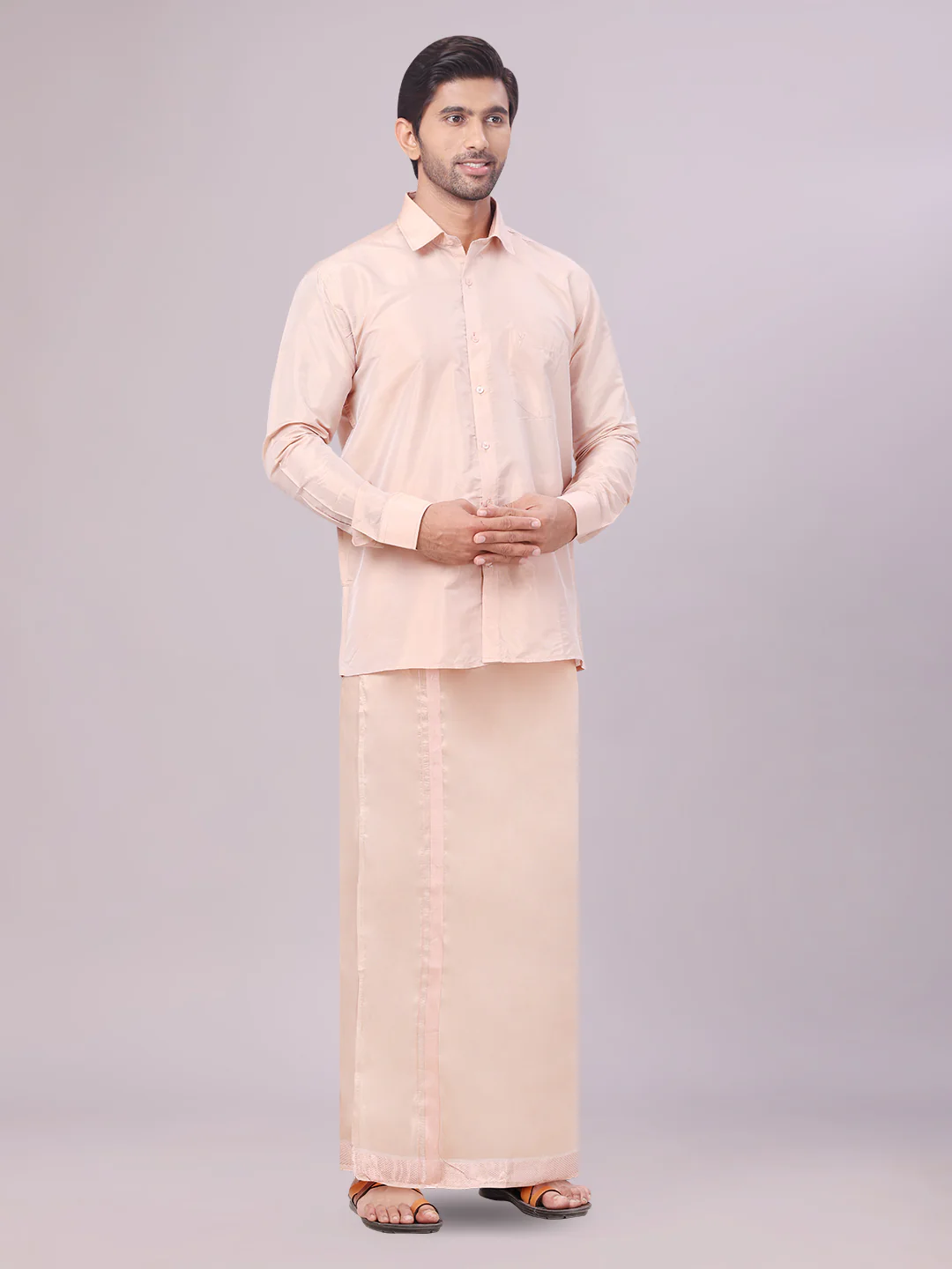 Mens Art Silk Light Copper Full Sleeves Shirt with Copper Jari Border Dhoti Combo Finesse - Image 2