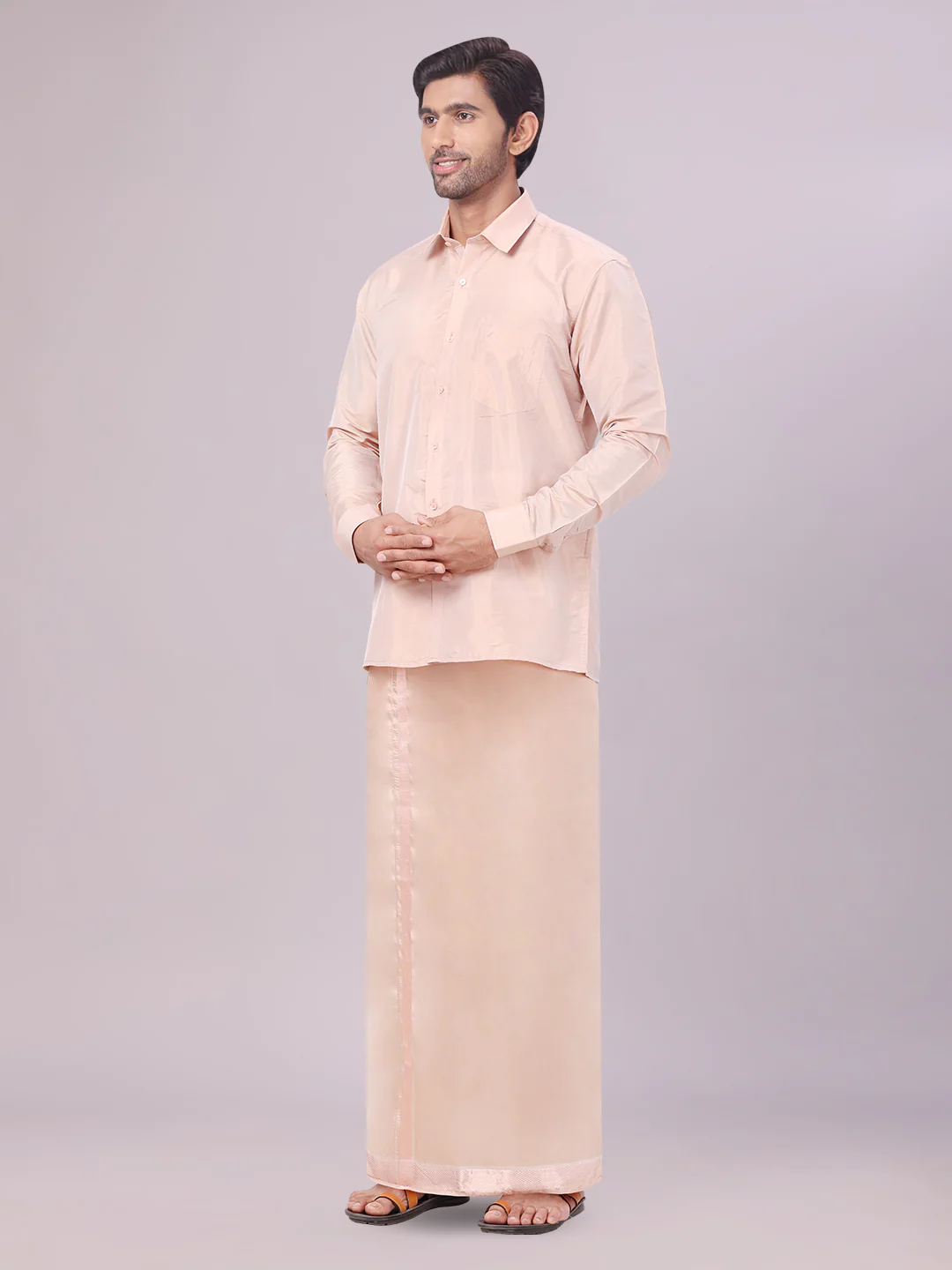 Mens Art Silk Light Copper Full Sleeves Shirt with Copper Jari Border Dhoti Combo Finesse - Image 3