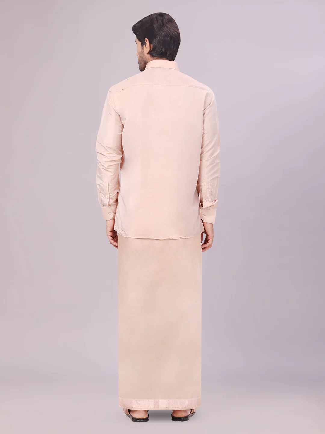 Mens Art Silk Light Copper Full Sleeves Shirt with Copper Jari Border Dhoti Combo Finesse - Image 4