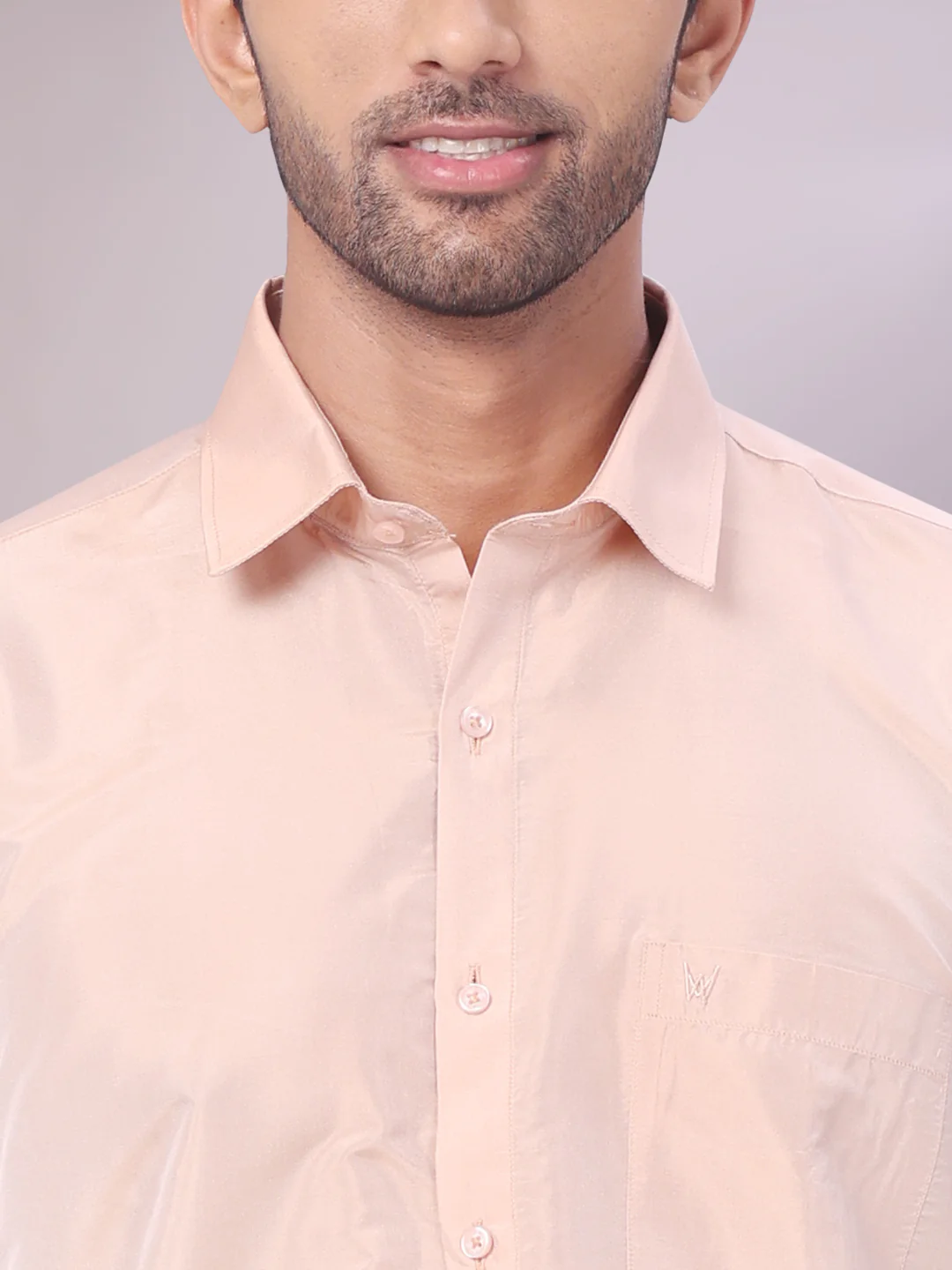 Mens Art Silk Light Copper Full Sleeves Shirt with Copper Jari Border Dhoti Combo Finesse - Image 5