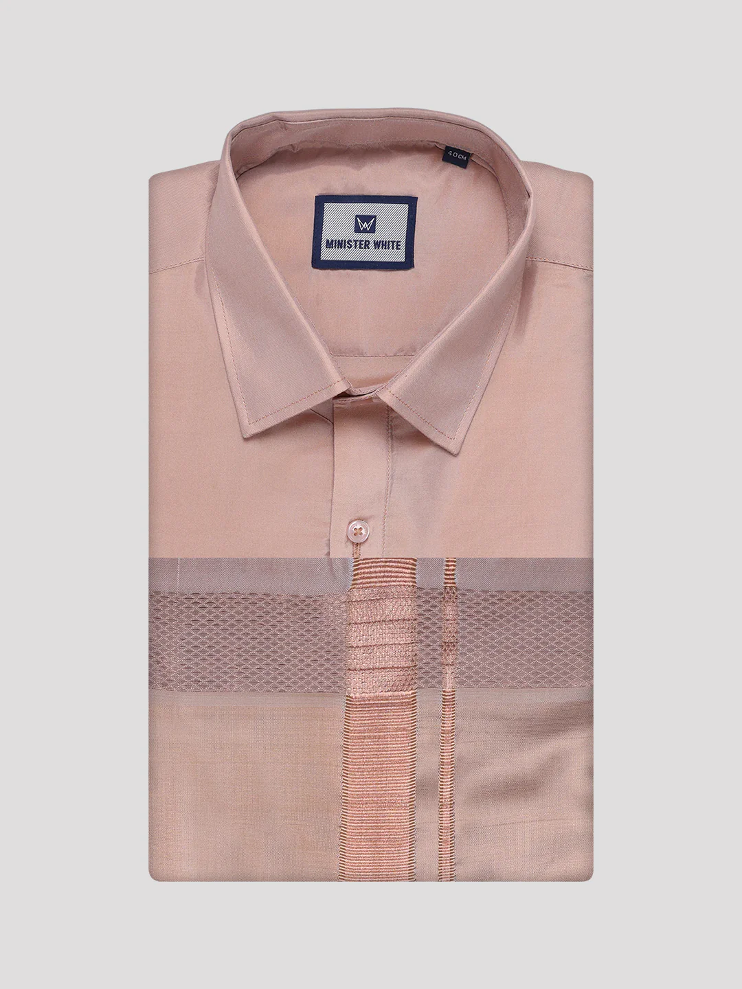 Mens Art Silk Light Copper Full Sleeves Shirt with Copper Jari Border Dhoti Combo Finesse - Image 7