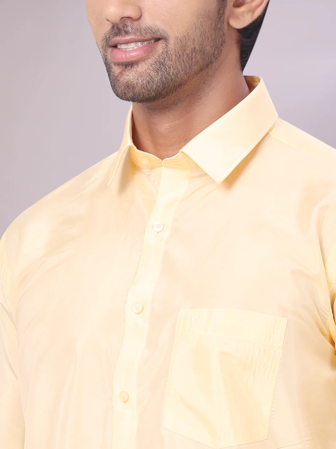 Mens Art Silk Light Gold Full Sleeves Shirt with Gold Jari Border Dhoti Combo Finesse - Image 6