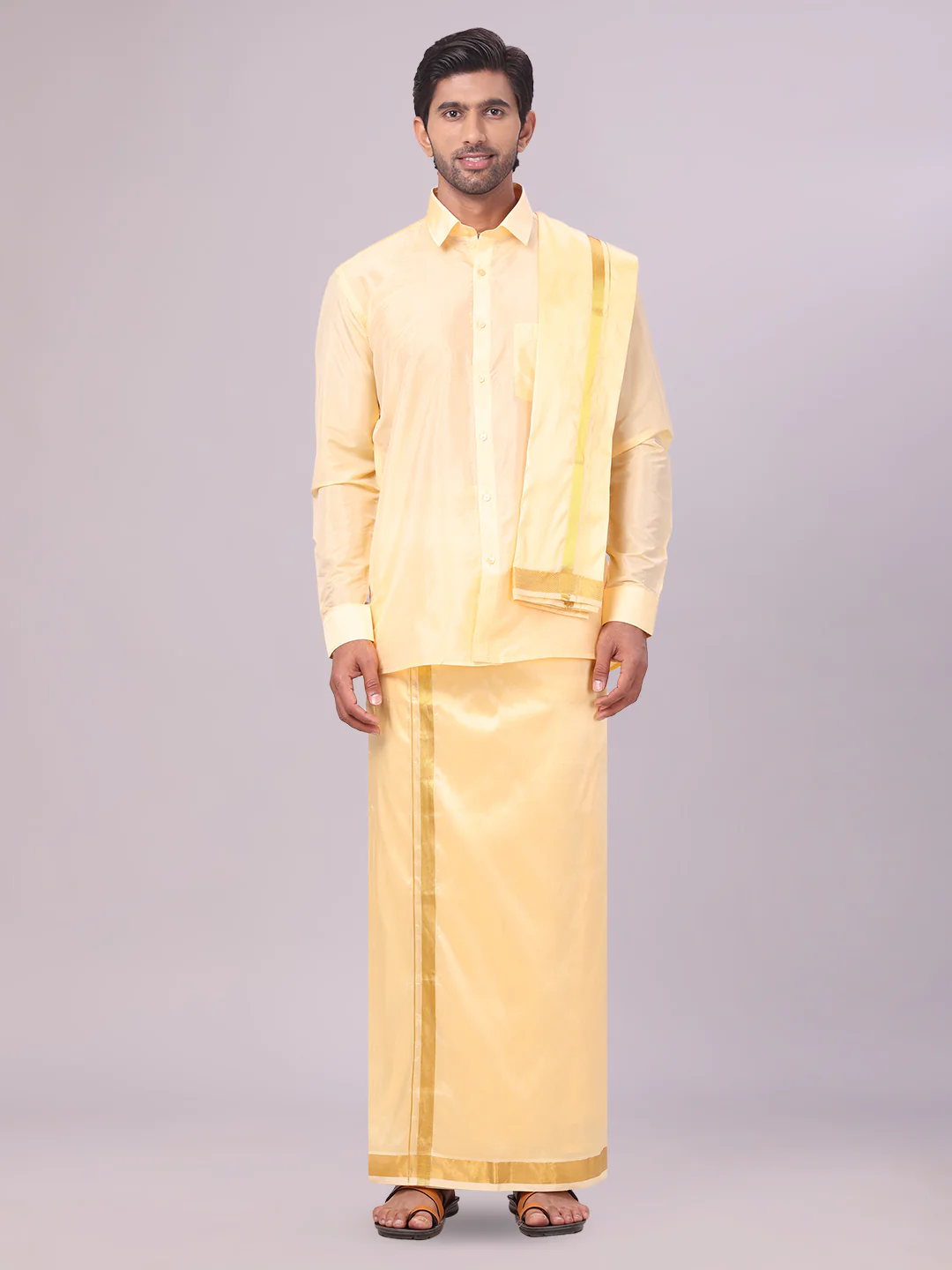Mens Art Silk Light Gold Full Sleeves Shirt with Gold Jari Border Dhoti & Towel Combo Blush