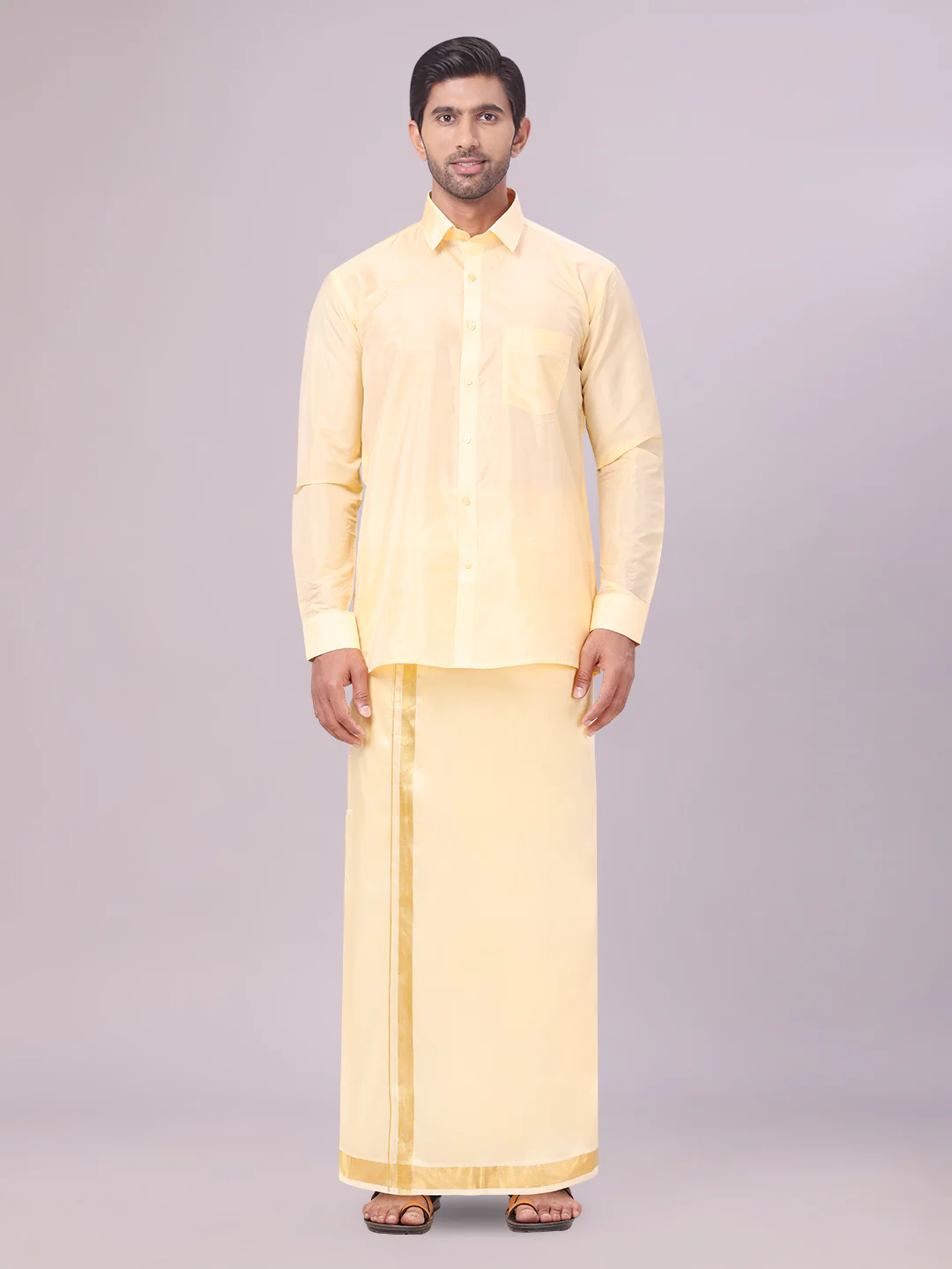 Mens Art Silk Light Gold Full Sleeves Shirt with Gold Jari Border Dhoti & Towel Combo Blush - Image 2