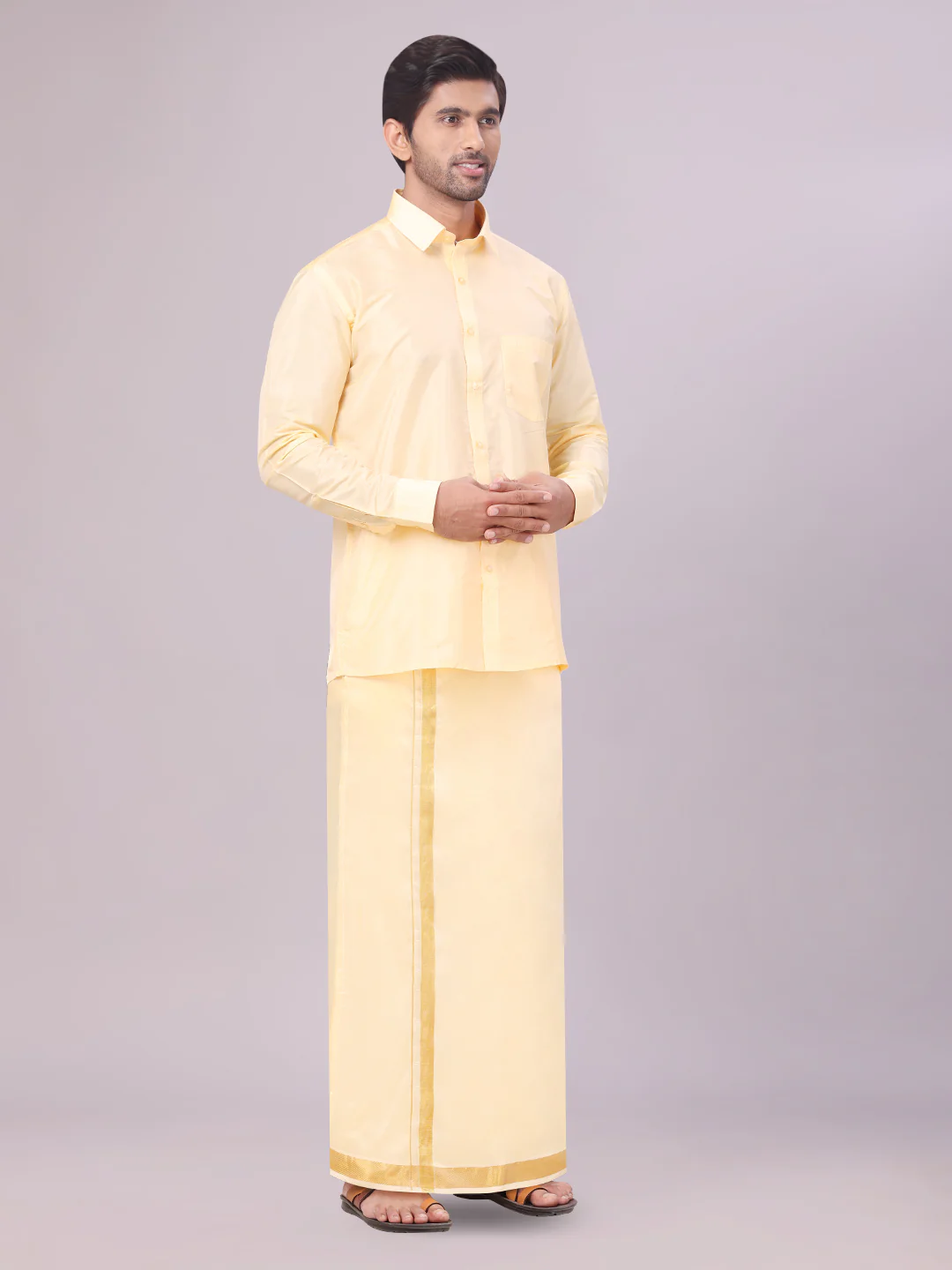 Mens Art Silk Light Gold Full Sleeves Shirt with Gold Jari Border Dhoti & Towel Combo Blush - Image 3