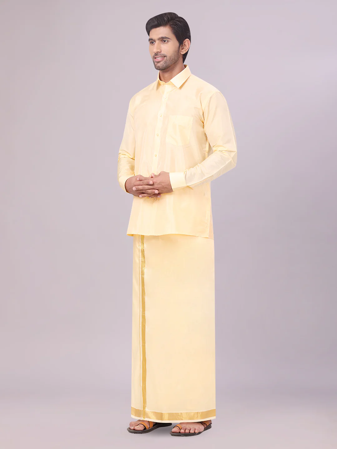 Mens Art Silk Light Gold Full Sleeves Shirt with Gold Jari Border Dhoti & Towel Combo Blush - Image 4