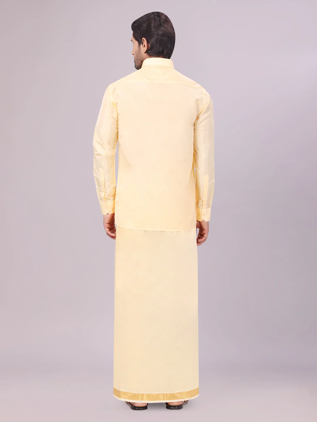 Mens Art Silk Light Gold Full Sleeves Shirt with Gold Jari Border Dhoti & Towel Combo Blush - Image 5