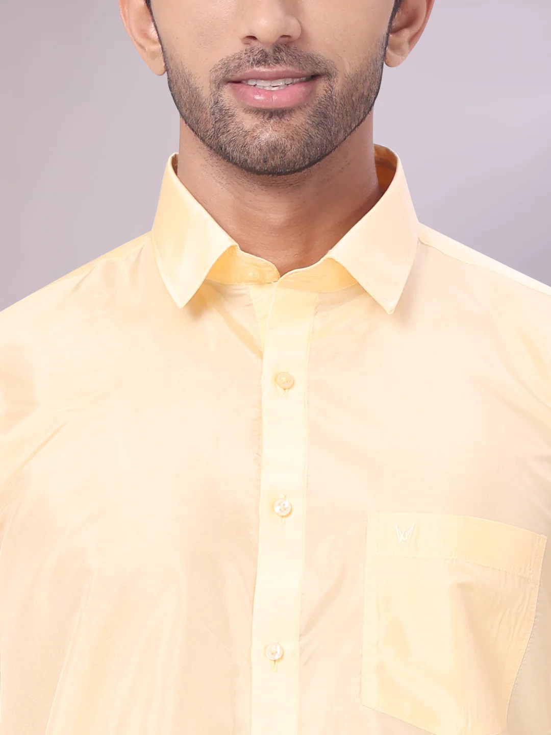 Mens Art Silk Light Gold Full Sleeves Shirt with Gold Jari Border Dhoti & Towel Combo Blush - Image 6