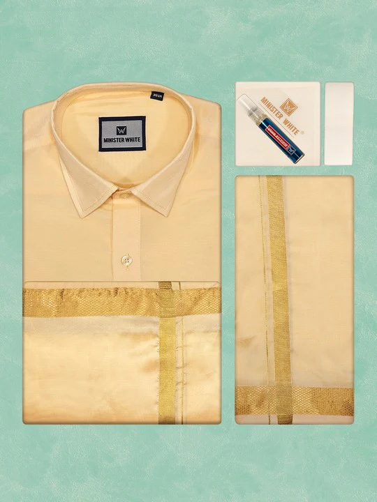 Mens Art Silk Light Gold Full Sleeves Shirt with Gold Jari Border Dhoti & Towel Combo Blush - Image 7