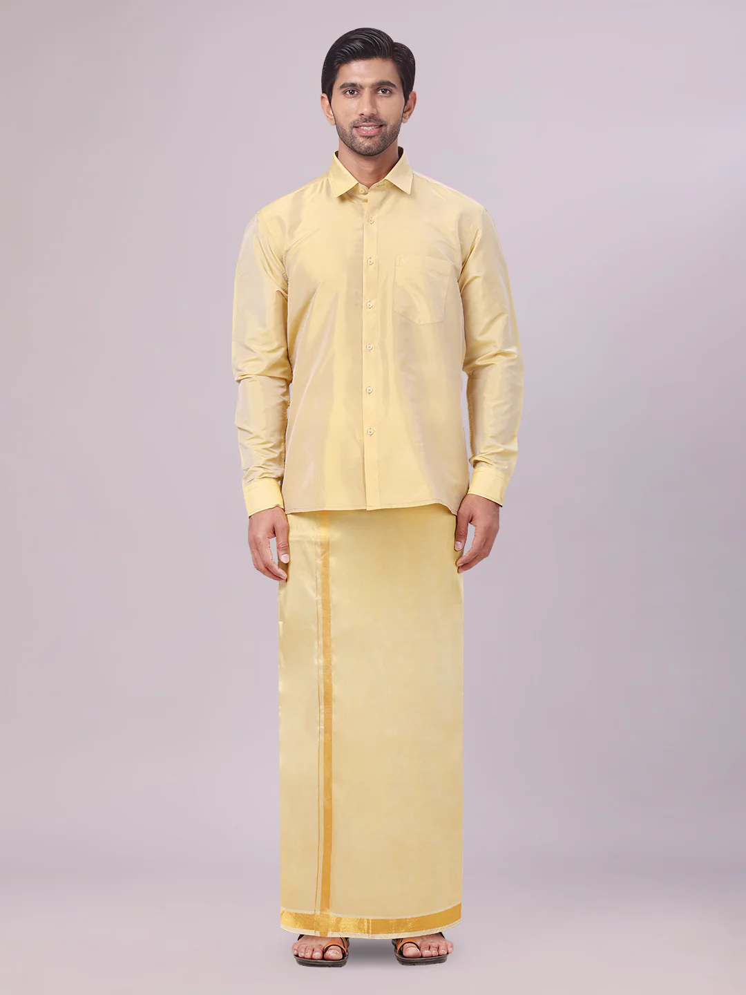 Mens Art Silk Mango Full Sleeves Shirt with Gold Jari Border Dhoti Combo Finesse