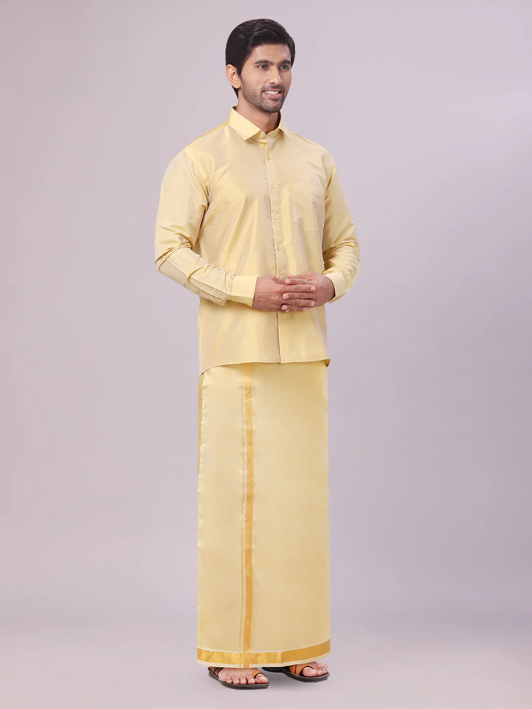 Mens Art Silk Mango Full Sleeves Shirt with Gold Jari Border Dhoti Combo Finesse - Image 2