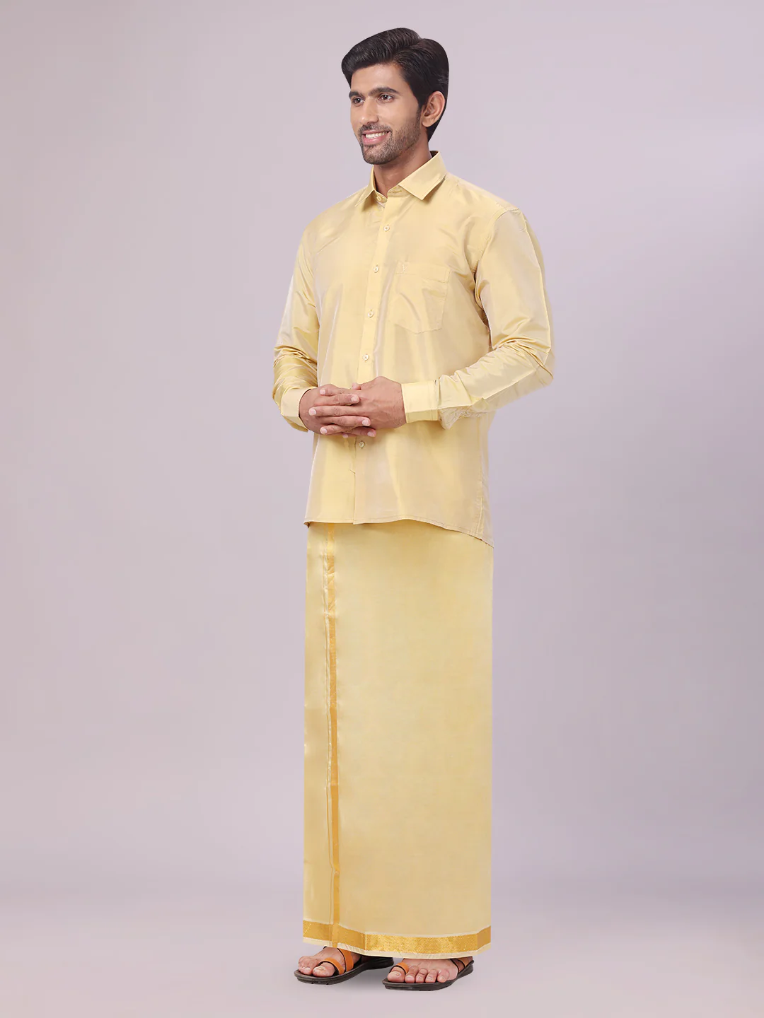 Mens Art Silk Mango Full Sleeves Shirt with Gold Jari Border Dhoti Combo Finesse - Image 3