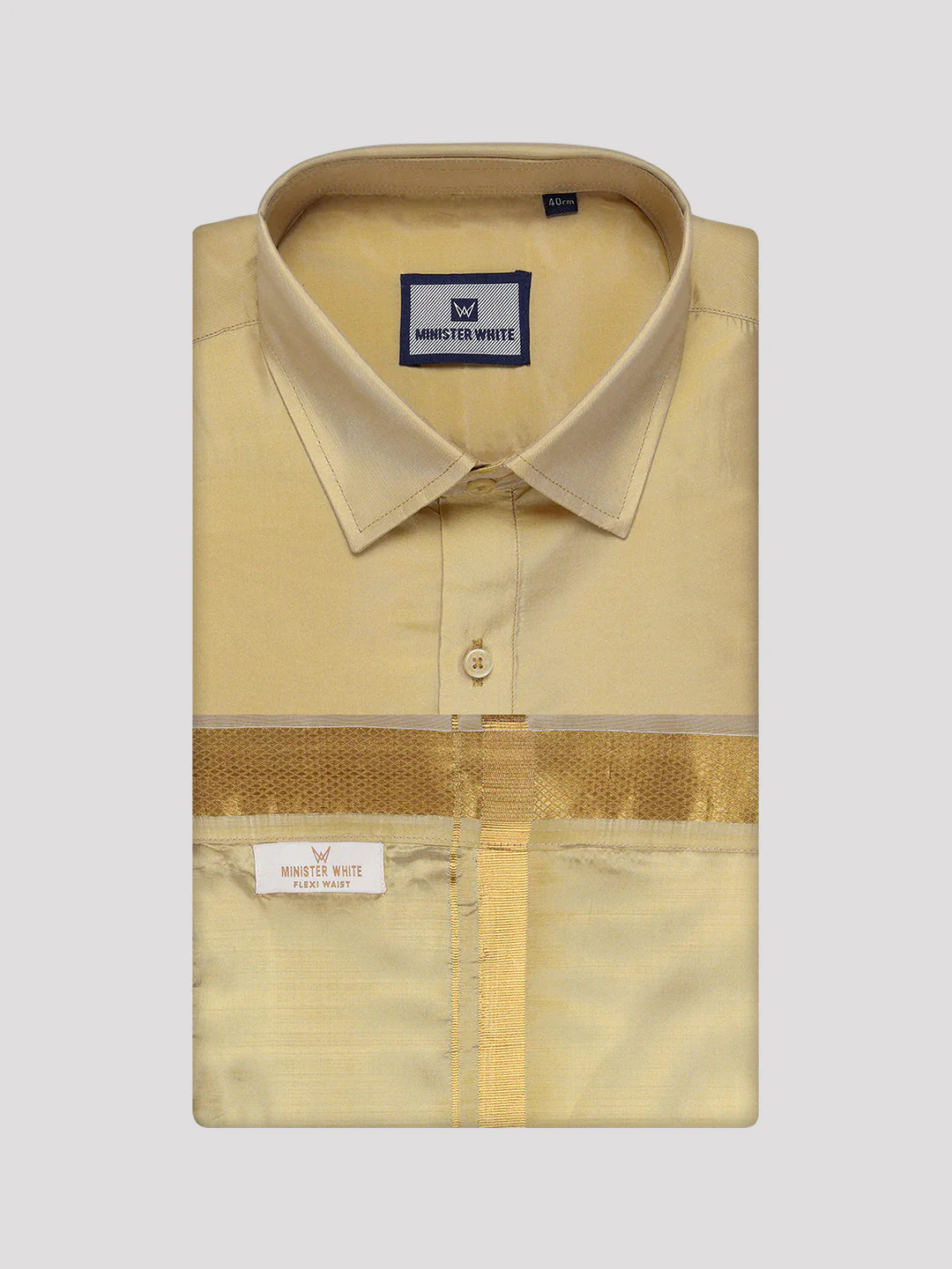 Mens Art Silk Mango Full Sleeves Shirt with Gold Jari Border Flexi Dhoti Combo Finesse