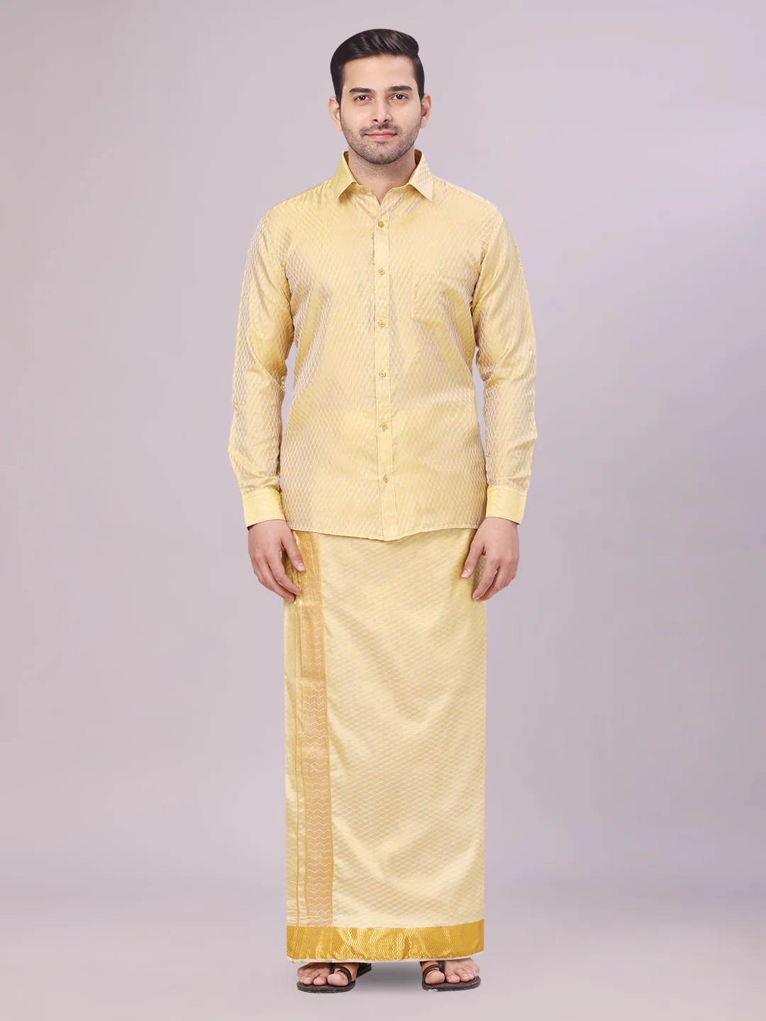 Mens Art Silk Mango Gold Full Sleeves Shirt with 2 1/2" Gold Jari Border Dhoti Combo Nautica