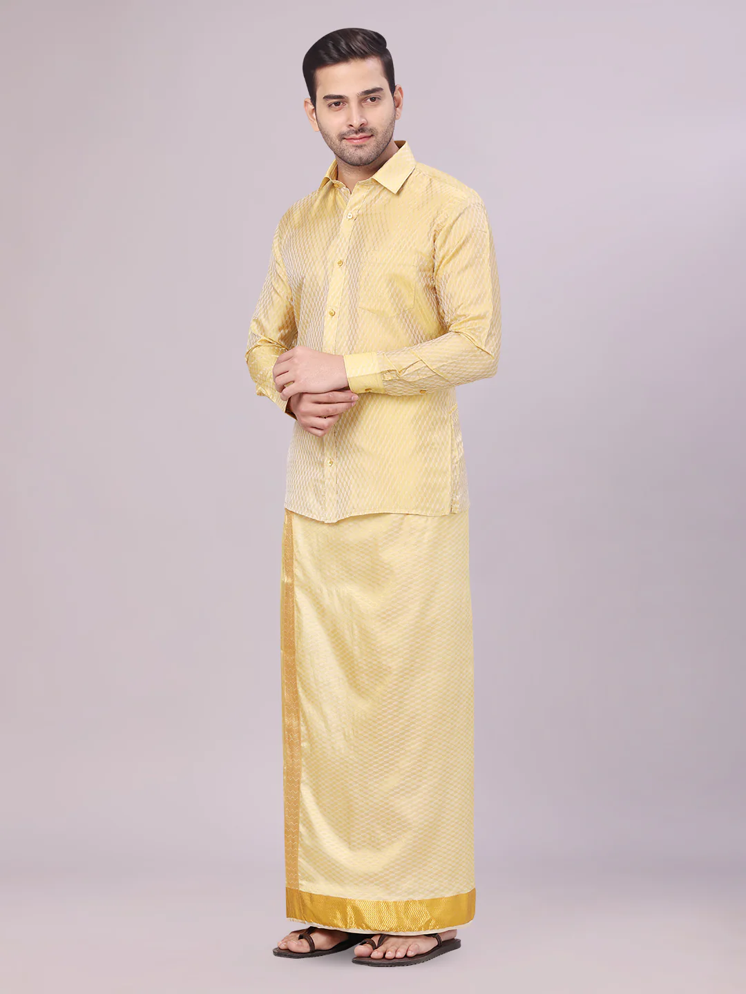 Mens Art Silk Mango Gold Full Sleeves Shirt with 2 1/2" Gold Jari Border Dhoti Combo Nautica - Image 3