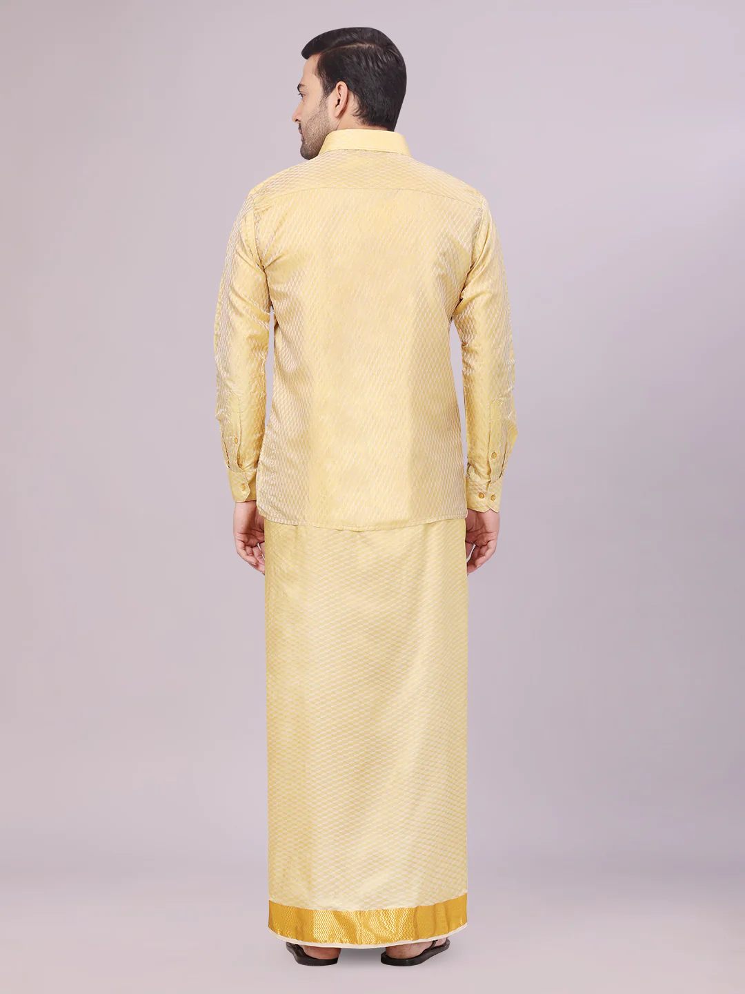 Mens Art Silk Mango Gold Full Sleeves Shirt with 2 1/2" Gold Jari Border Dhoti Combo Nautica - Image 4