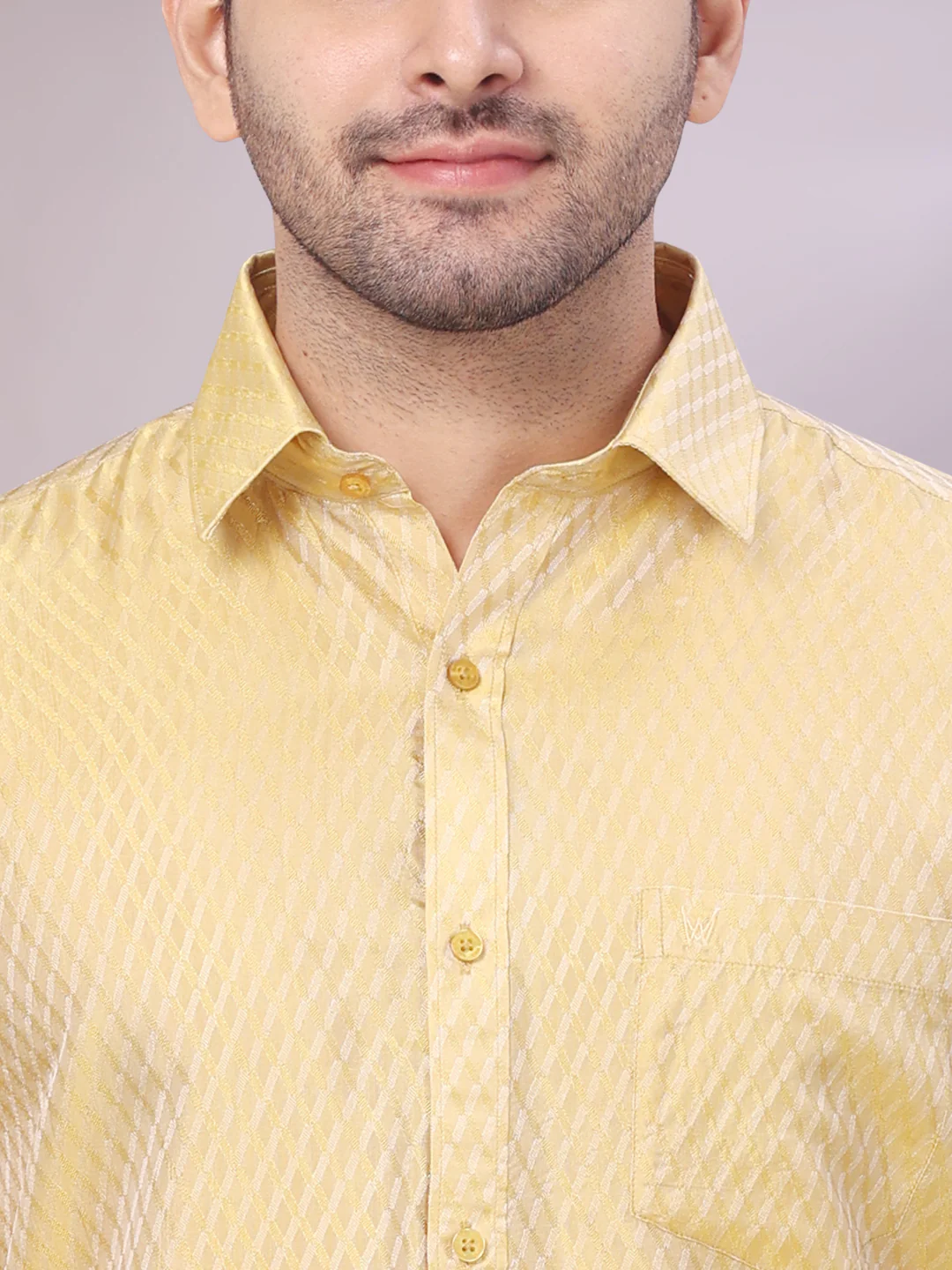 Mens Art Silk Mango Gold Full Sleeves Shirt with 2 1/2" Gold Jari Border Dhoti Combo Nautica - Image 5