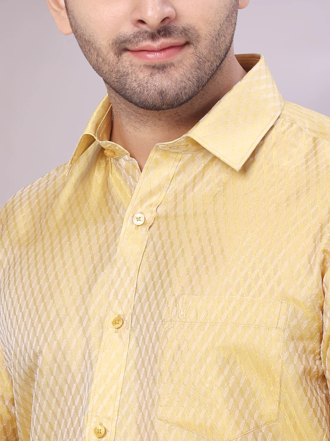 Mens Art Silk Mango Gold Full Sleeves Shirt with 2 1/2" Gold Jari Border Dhoti Combo Nautica - Image 6