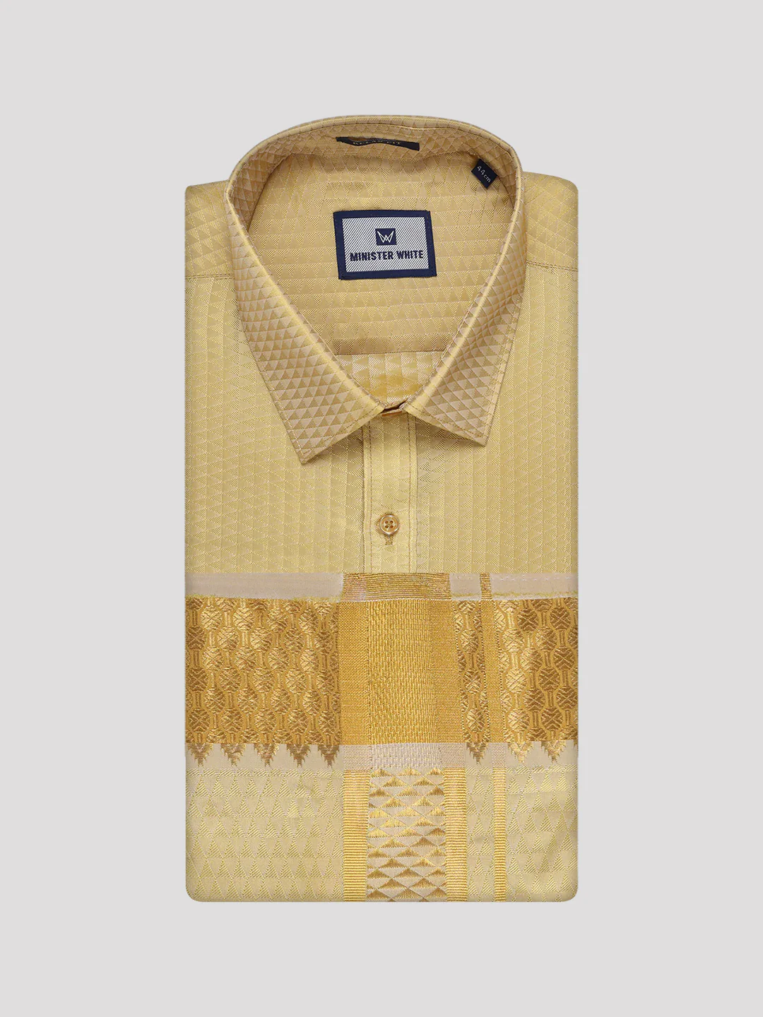 Mens Art Silk Mango Gold Full Sleeves Shirt with 2 1/2" Gold Jari Border Dhoti Combo Nautica - Image 8