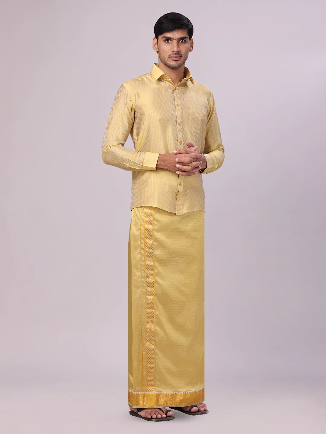 Mens Art Silk Mango Gold Full Sleeves Shirt with 2 1/2" Jari Border Dhoti Combo Nautica - Image 2