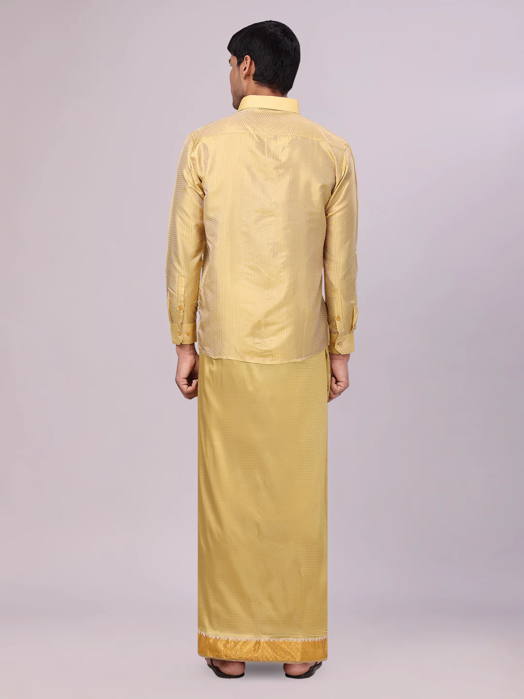 Mens Art Silk Mango Gold Full Sleeves Shirt with 2 1/2" Jari Border Dhoti Combo Nautica - Image 4