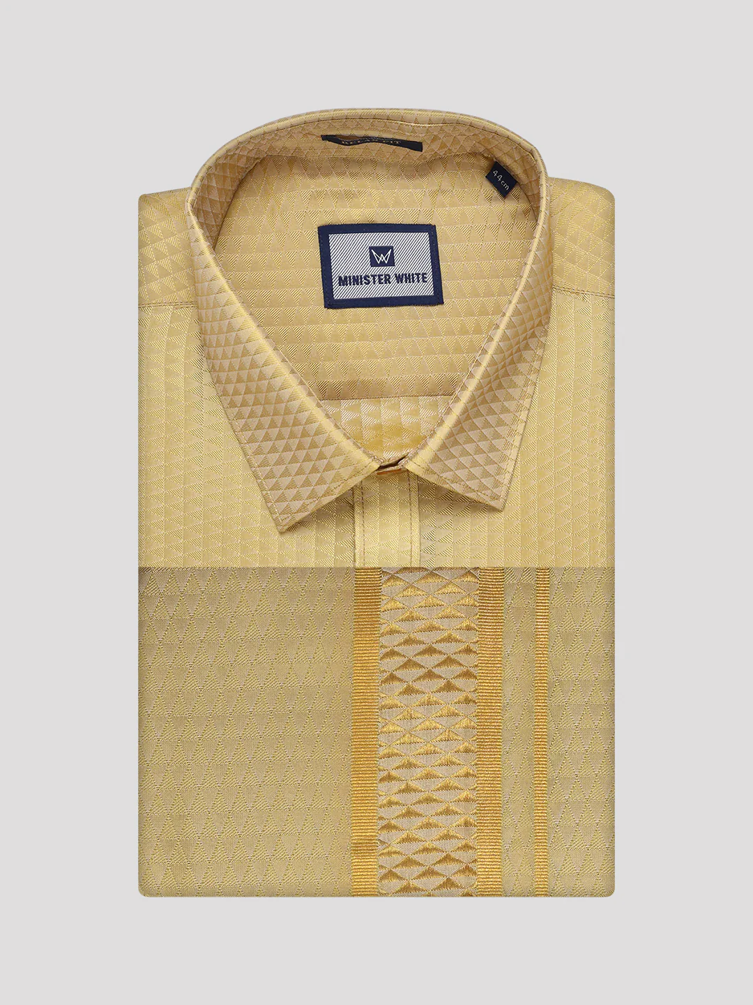 Mens Art Silk Mango Gold Full Sleeves Shirt with 2 1/2" Jari Border Dhoti Combo Nautica - Image 5