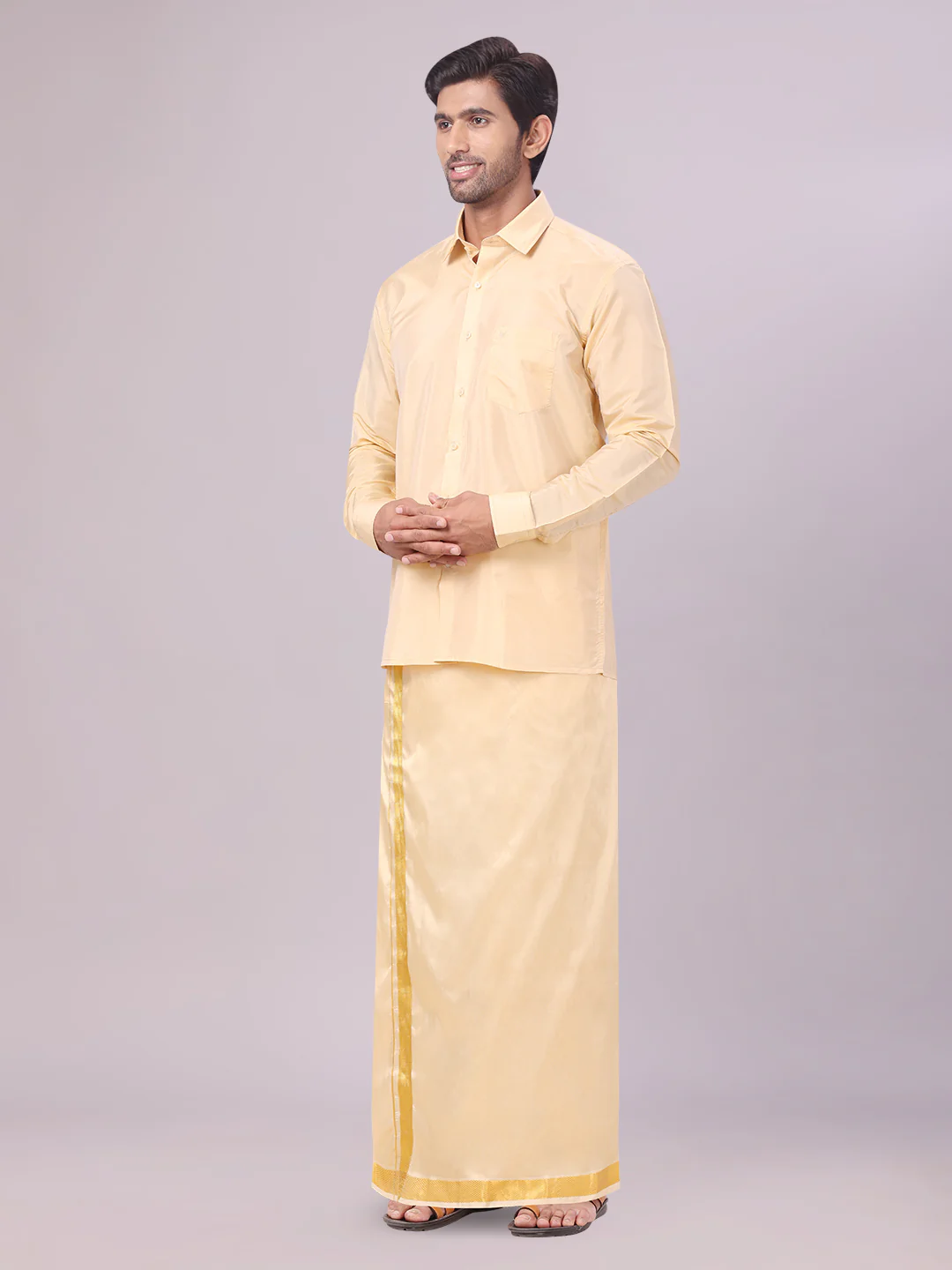Mens Art Silk Medium Gold Full Sleeves Shirt with Gold Jari Border Dhoti Combo Finesse - Image 3