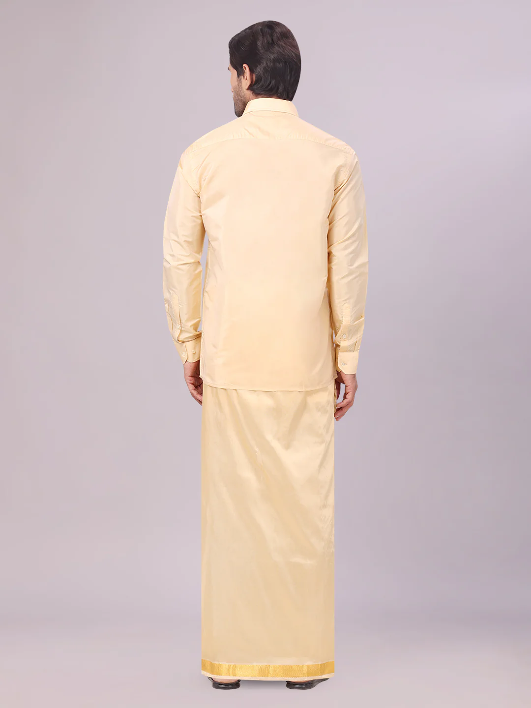 Mens Art Silk Medium Gold Full Sleeves Shirt with Gold Jari Border Dhoti Combo Finesse - Image 4