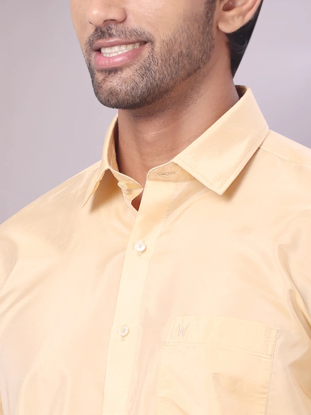 Mens Art Silk Medium Gold Full Sleeves Shirt with Gold Jari Border Dhoti Combo Finesse - Image 6