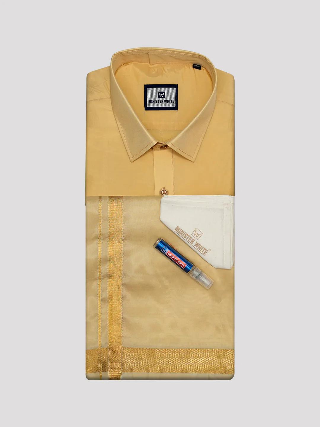Mens Art Silk Medium Gold Full Sleeves Shirt with Gold Jari Border Dhoti Combo Finesse - Image 7