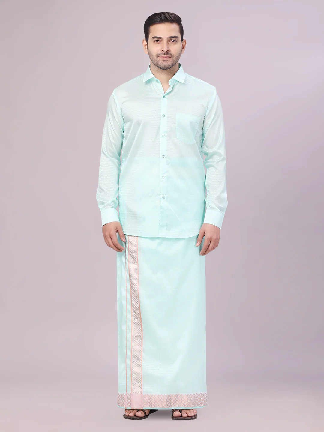 Mens Art Silk Mint Full Sleeves Shirt with 2 1/2" Copper Jari Border Dhoti Combo Nautica