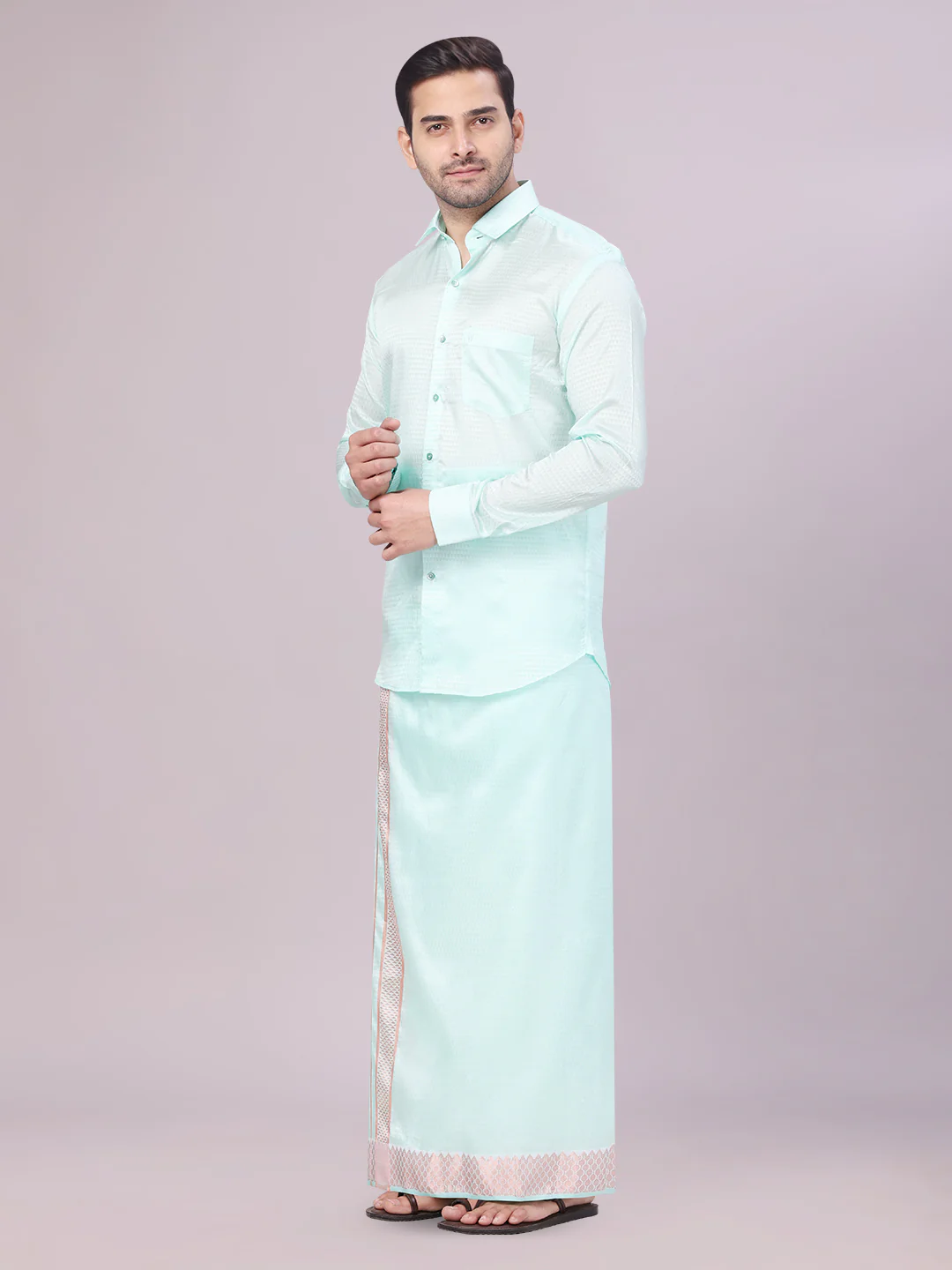 Mens Art Silk Mint Full Sleeves Shirt with 2 1/2" Copper Jari Border Dhoti Combo Nautica - Image 2