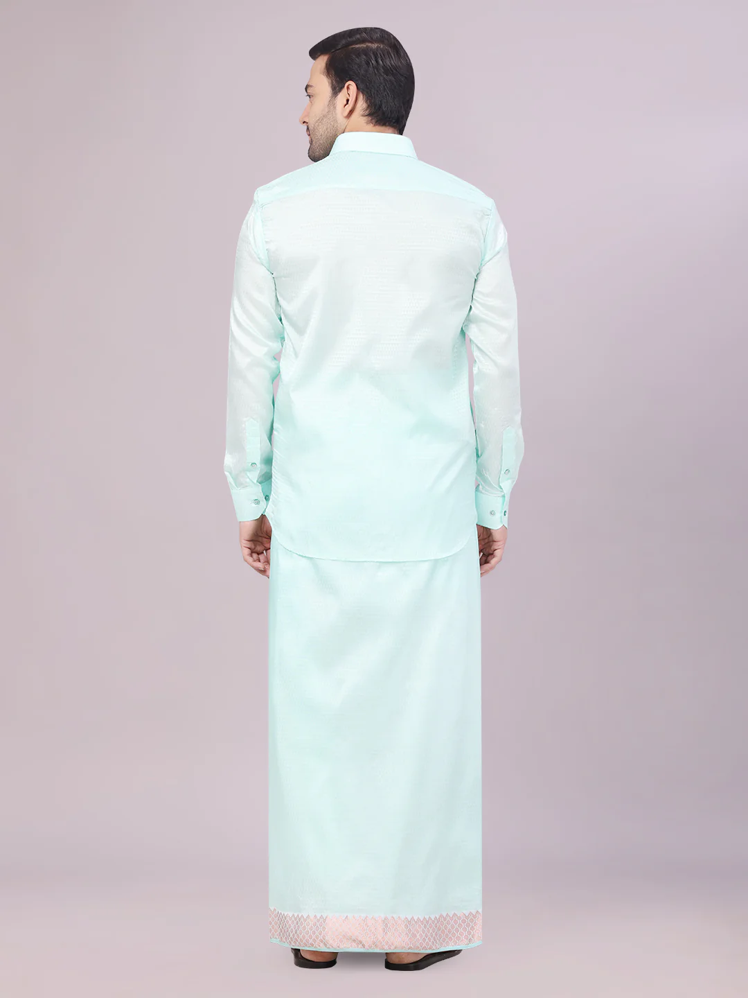 Mens Art Silk Mint Full Sleeves Shirt with 2 1/2" Copper Jari Border Dhoti Combo Nautica - Image 3